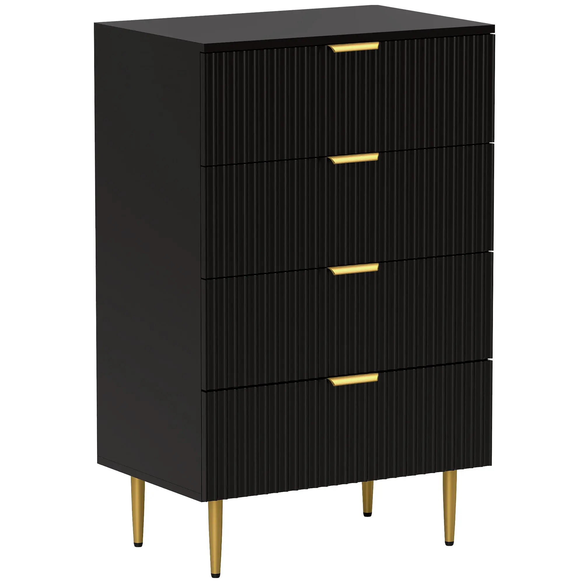 4-Drawer Chest — Modern Black Dresser with Fluted Doors & Gold Handles, 23.6 x 15.7 x 37.8 in (60 x 40 x 96 cm)