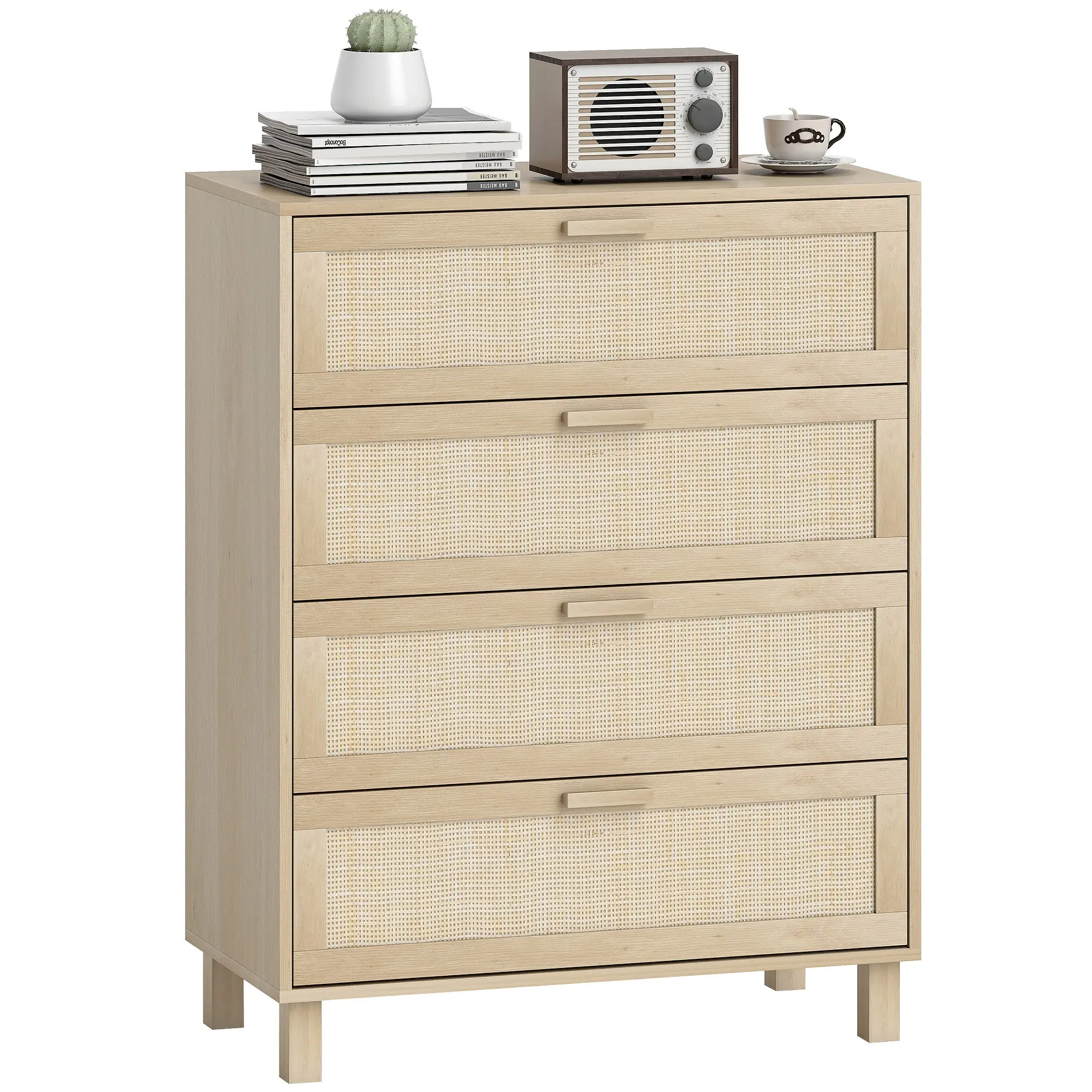 4-Drawer Chest with Rattan Cane Front, Light Wood Effect – 31.5 x 15.7 x 40.6 in