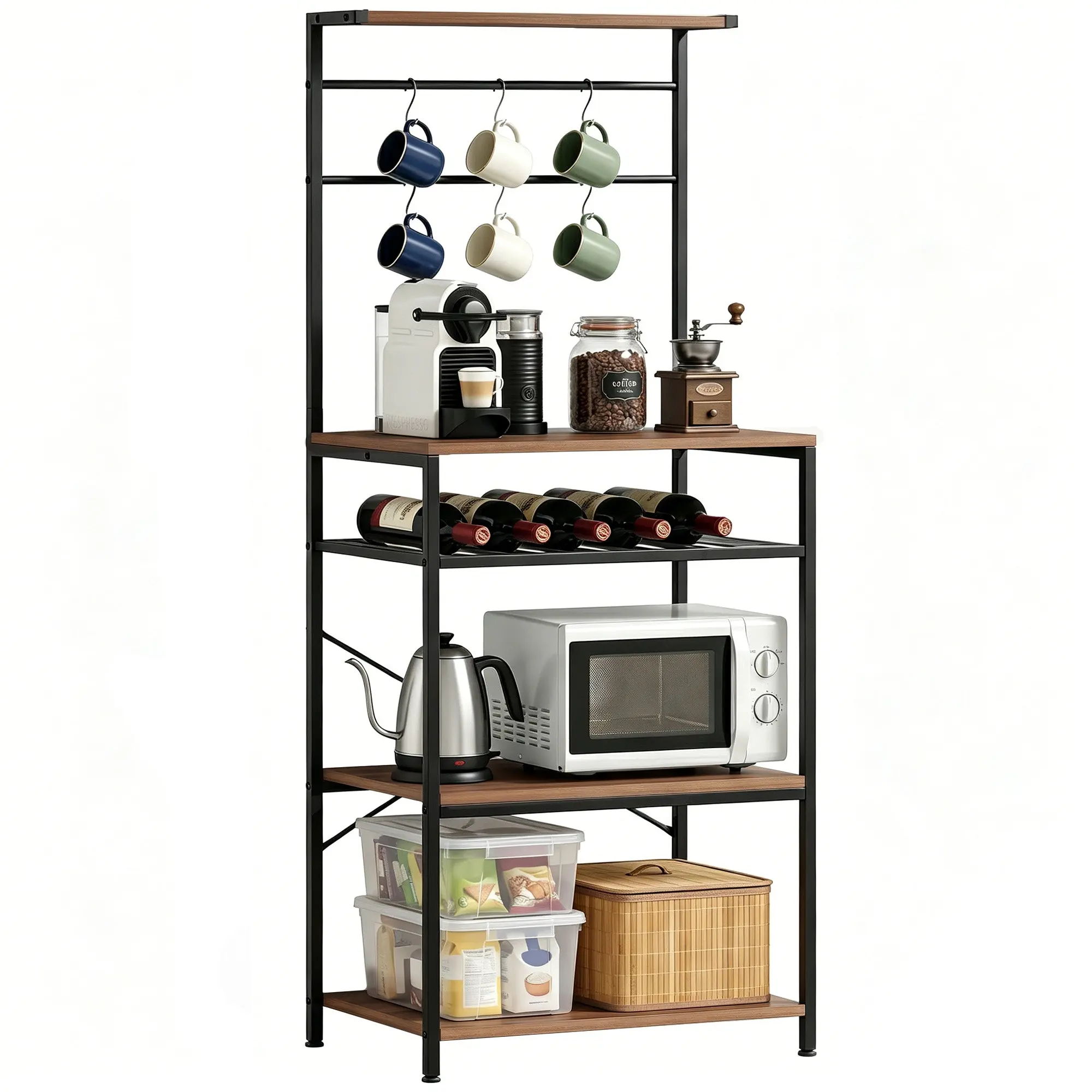 Kitchen Shelf with Wine Rack & 6 Hooks — 5-Tier Storage Rack with X-Brace, Metal Frame for Kitchen or Dining Room, 23.2 x 15.7 x 56.5 in, Walnut