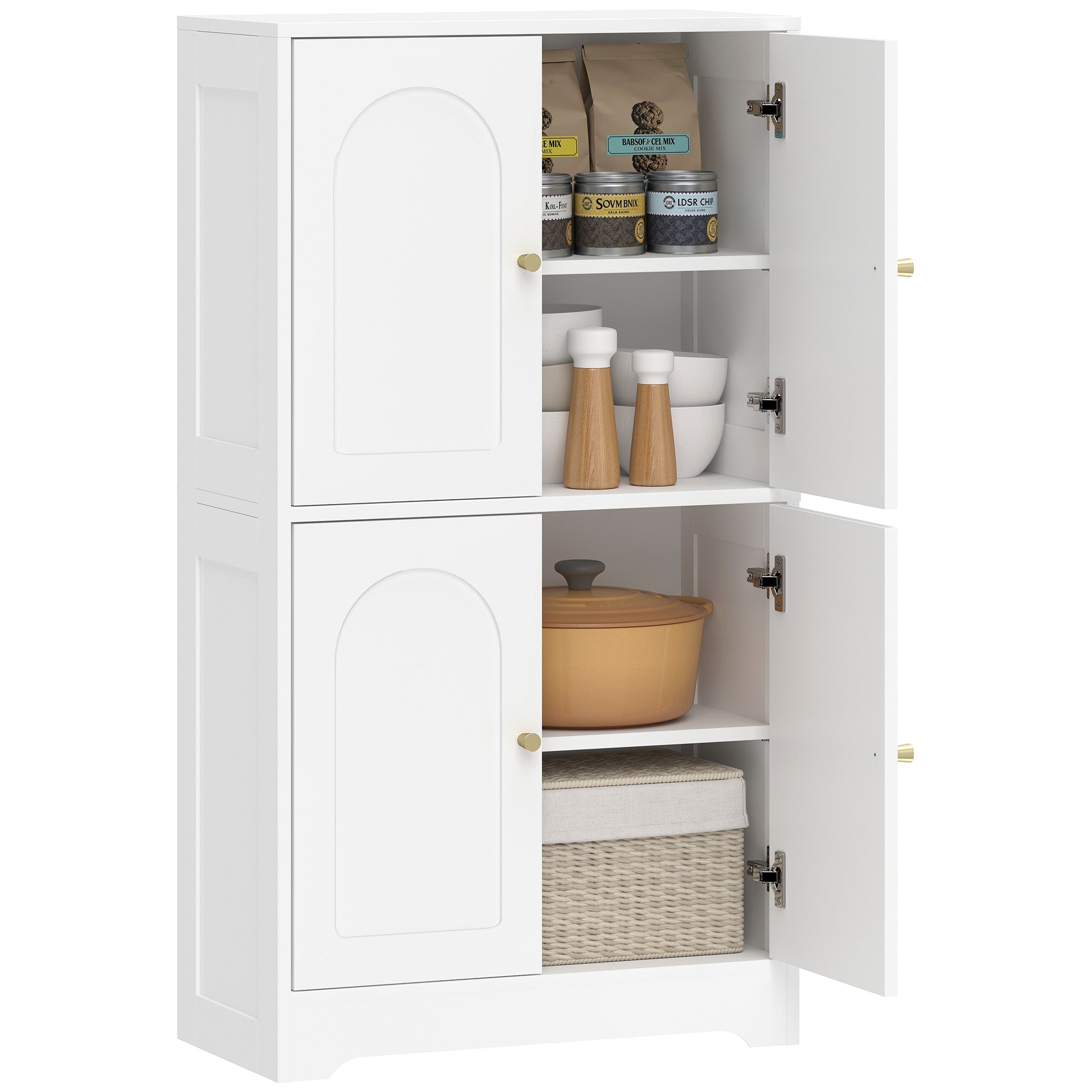 HOMCOM Küchenschrank, hoher Schrank mit 2 verstellbaren Regalböden, 4 bogenförmigen Türen, Weiß — 60 x 30 x 110 cm