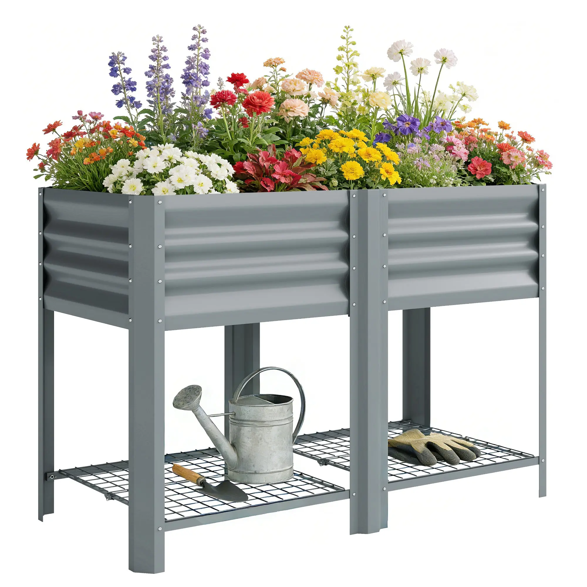 Elevated Urban Garden Planter Table with Lower Shelf — Galvanized Metal Raised Bed with Liner & Gloves, 47.2 × 21.7 × 31.5 in, Silver Gray