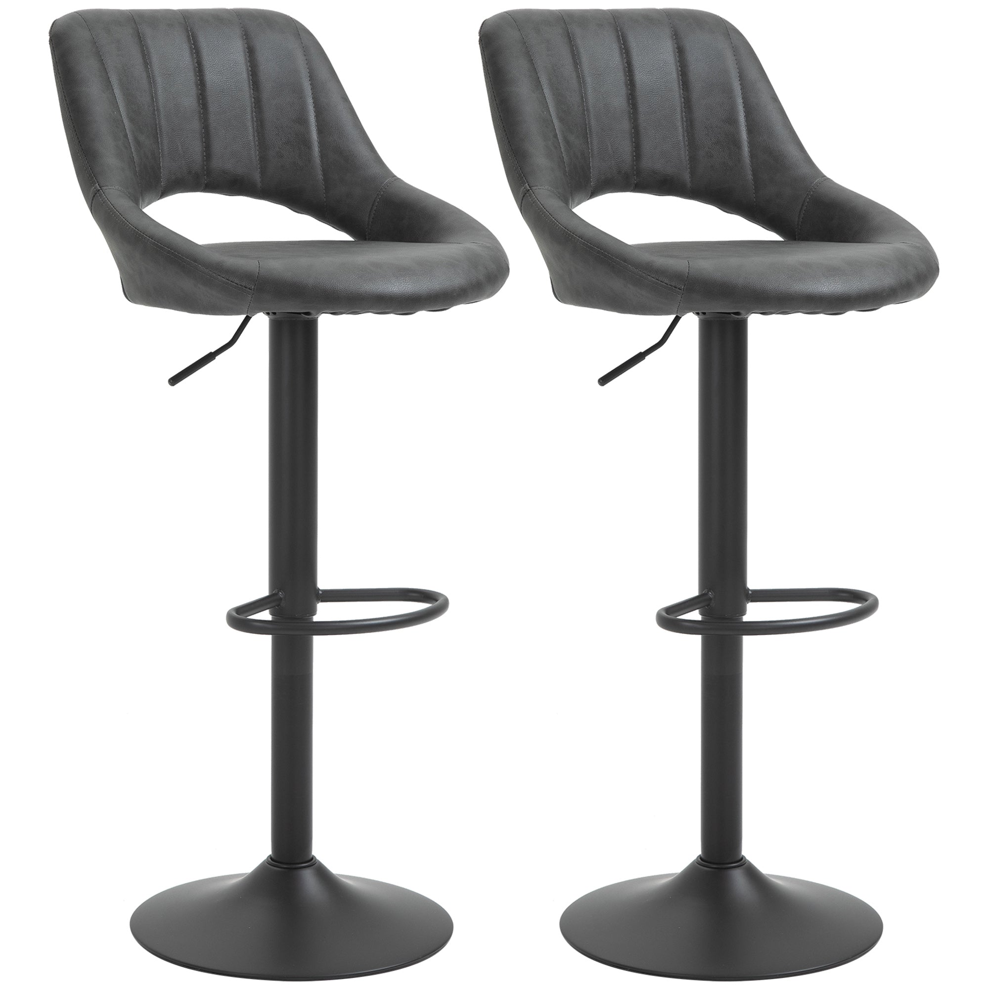 Bar Stool Set of 2, Upholstered Bar Chair with Metal Frame, Backrest, Adjustable Height Kitchen Chairs with Footrest, 360° Swivel, Counter Height Stools for Kitchen, Living Room, Dining Room, Faux Leather, Gray