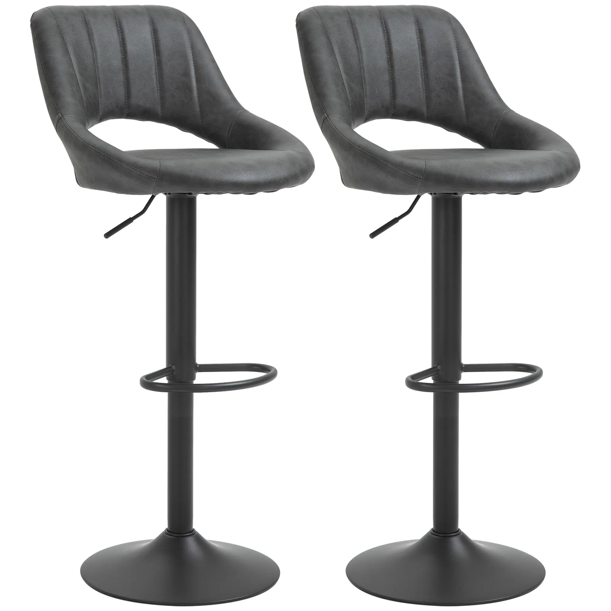 Bar Stool Set of 2, Upholstered Bar Chair with Metal Frame, Backrest, Adjustable Height Kitchen Chairs with Footrest, 360° Swivel, Counter Height Stools for Kitchen, Living Room, Dining Room, Faux Leather, Gray