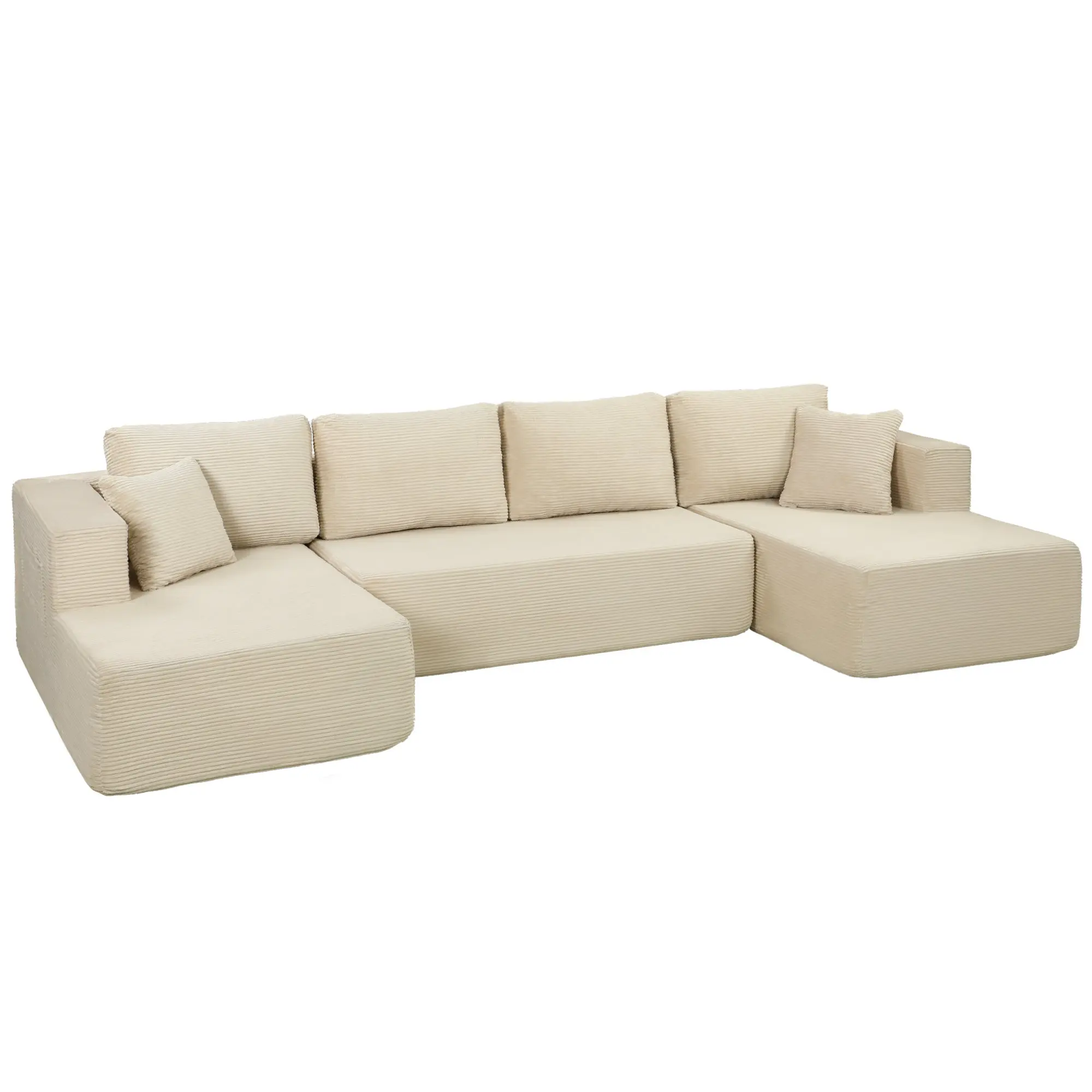 Compressed U-Shaped Modular Sofa 336.5 cm (132.5") – 4-Seater Convertible Corduroy Velvet with 2 Chaises, 6 Cushions, Wide Seats & Side Pockets, No Assembly Required, Cream
