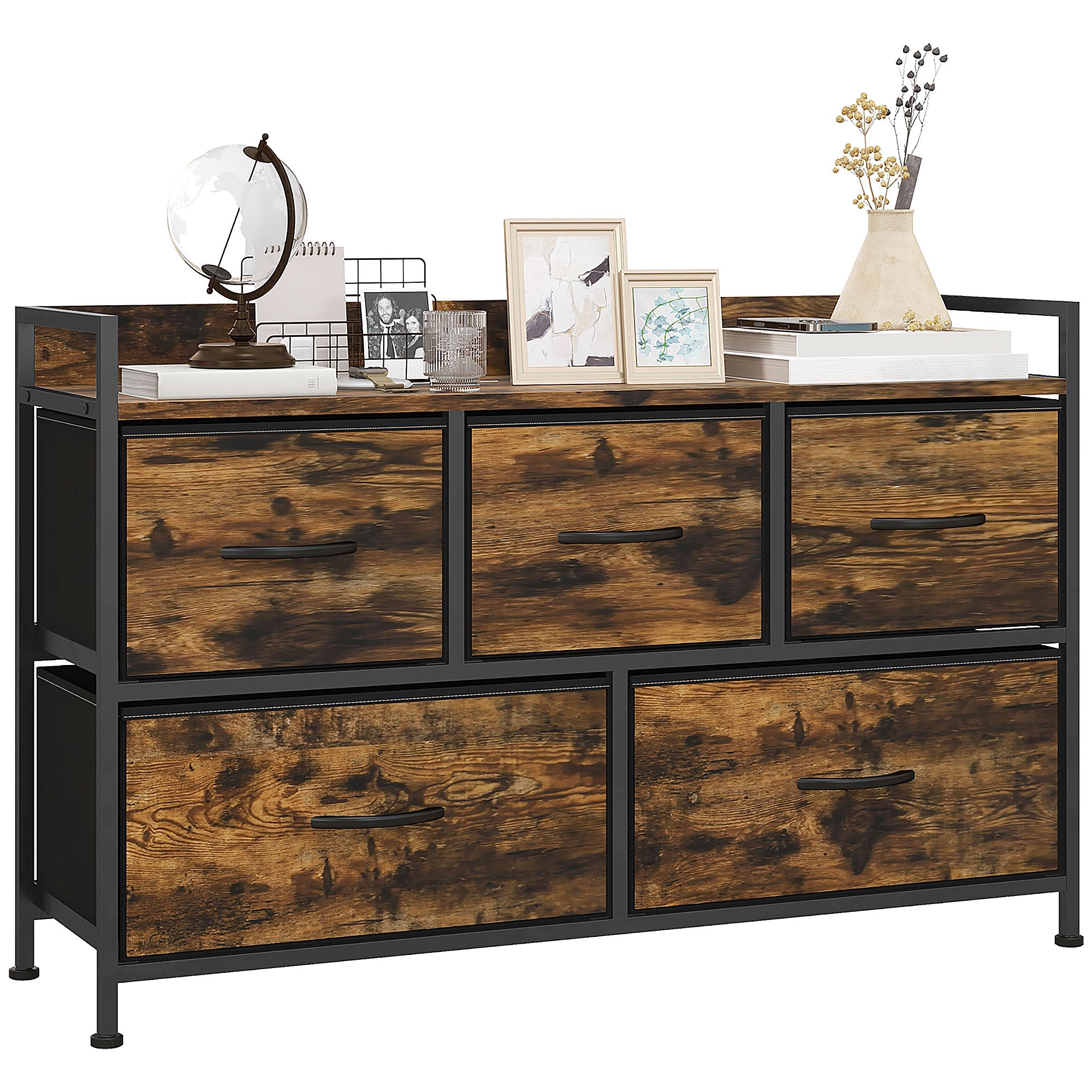HOMCOM Cabinet de Rangement en Tissu avec 5 Tiroirs, Coffre avec Cadre en Acier pour Chambre, Salon - Brun Rustique