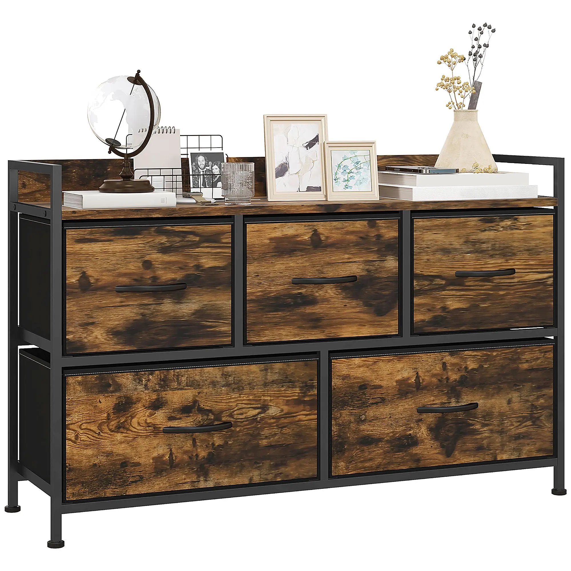 Fabric Drawer Storage Cabinet with 5 Drawers, Shelf Chest with Steel Frame Cabinet for Bedroom, Living Room Rustic Brown