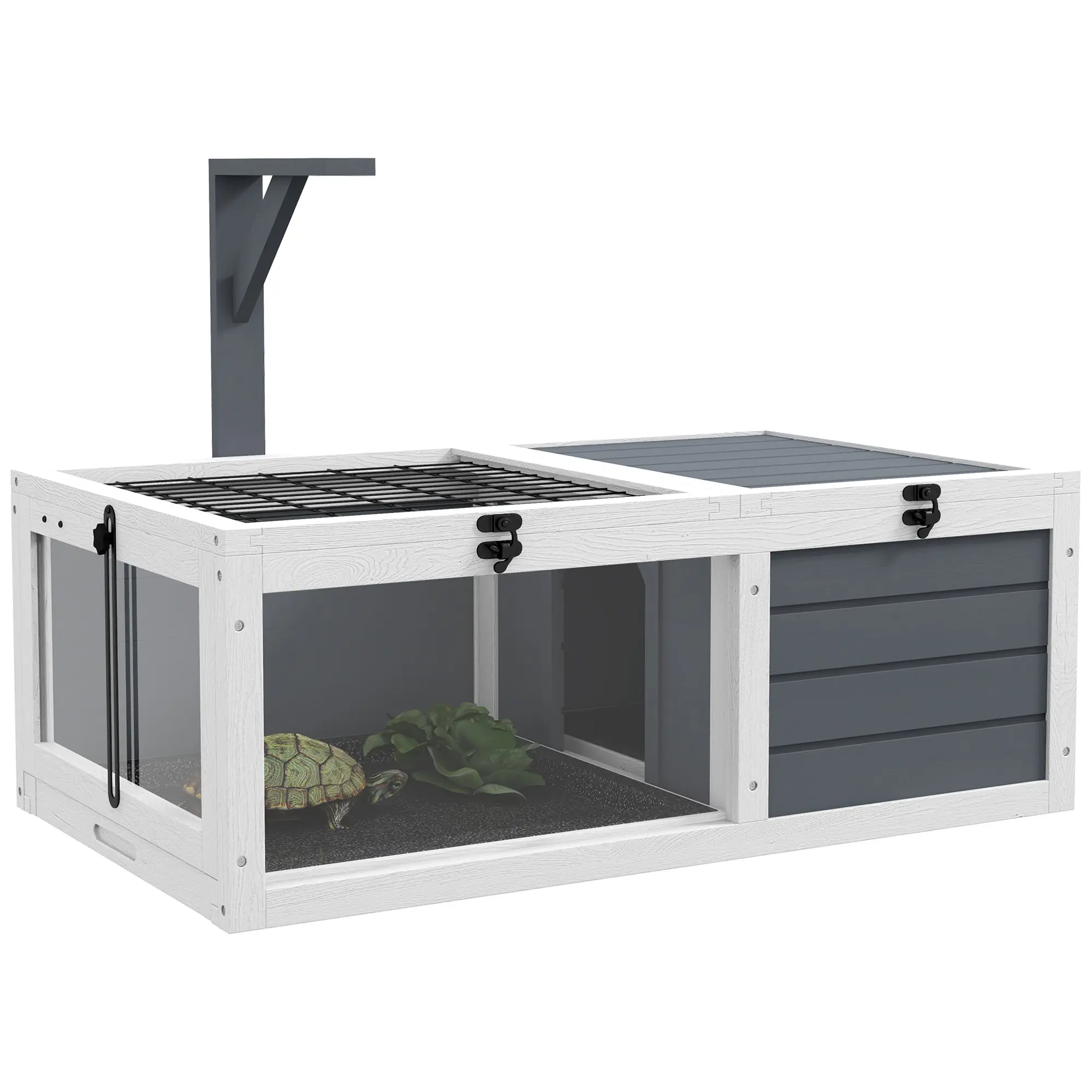 House enclosure cage for small tortoise with 2 spaces, lamp support 2 sliding trays, 81 x 48 x 31.5 cm - solid gray wood