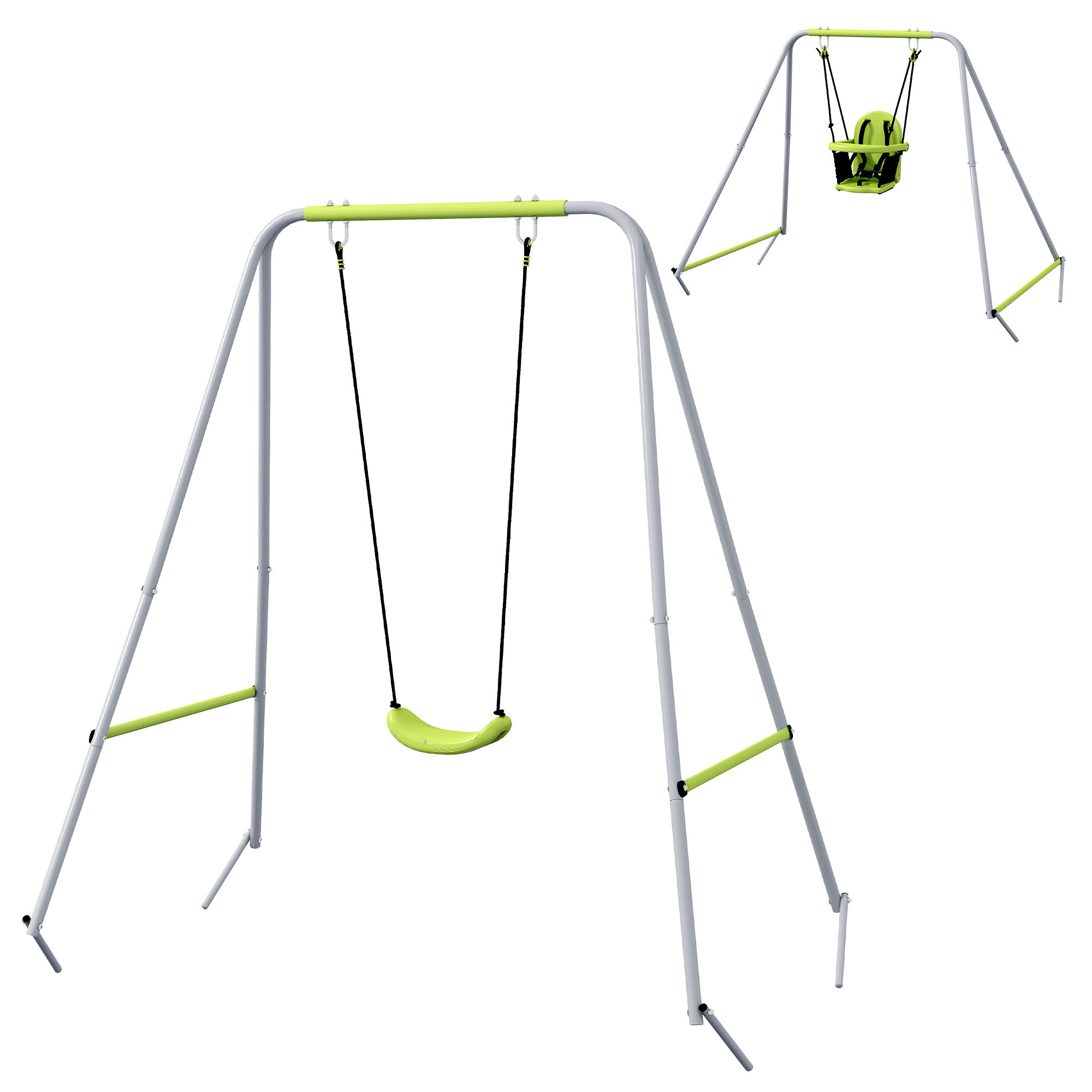 Outsunny 2-in-1 Kanner Schank Set mat 5-Punkten Sécherheetsgurt, Indoor/Outdoor Kanner Schank, Einfach z'assembléieren an ze späicheren, Gréng