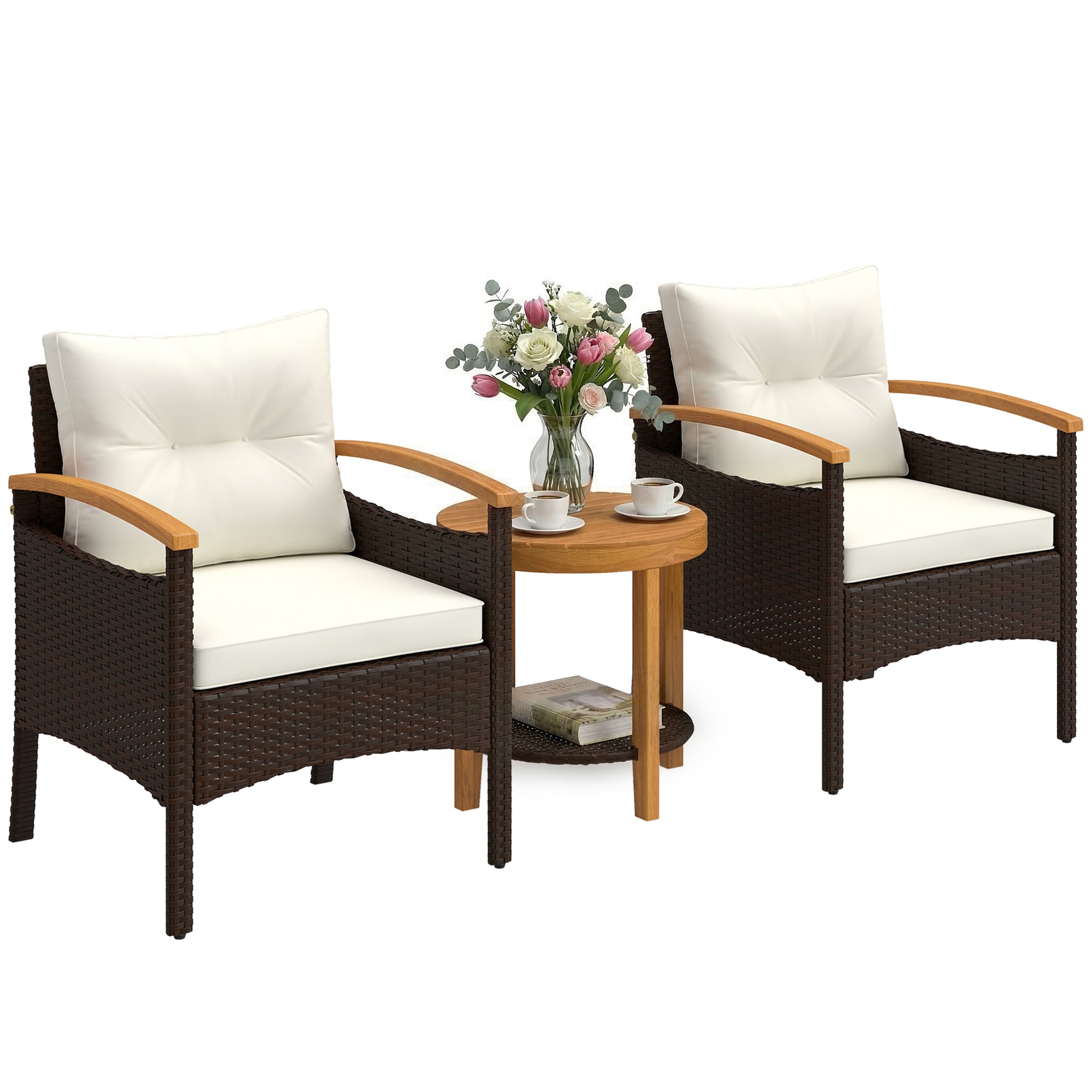 Outsunny 3‑teiliges Rattan-Bistro-Set – FSC‑zertifizierte Gartenmöbel mit 2 Armlehnsesseln, 2‑stufigem Akazienholz-Tisch, dicke waschbare Kissen, Cremeweiß