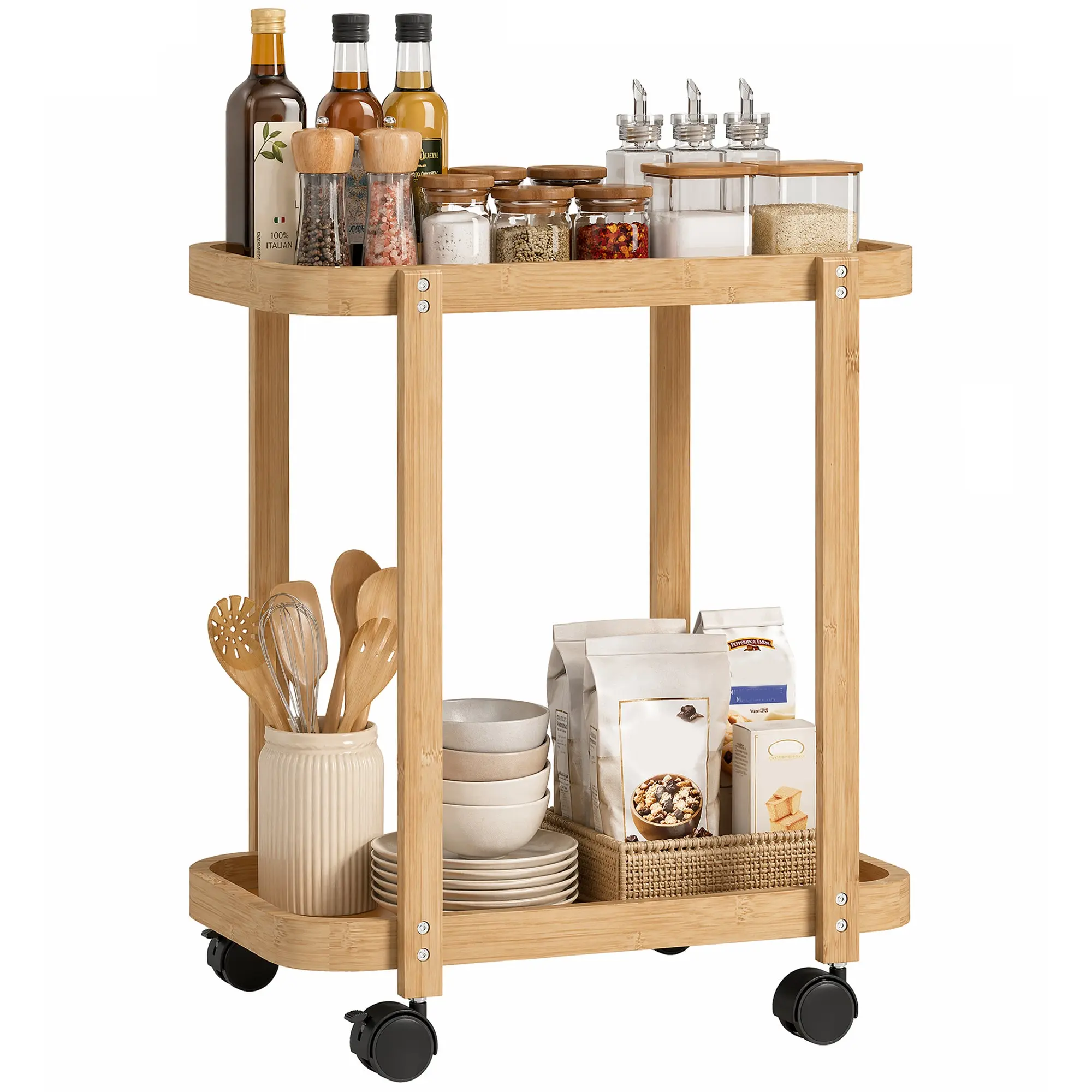 2-Tier Bamboo Kitchen Cart with Wheels — Curved Mobile Serving Trolley, Open Shelves, Compact 21.3 x 14.4 x 23.6 in, Natural