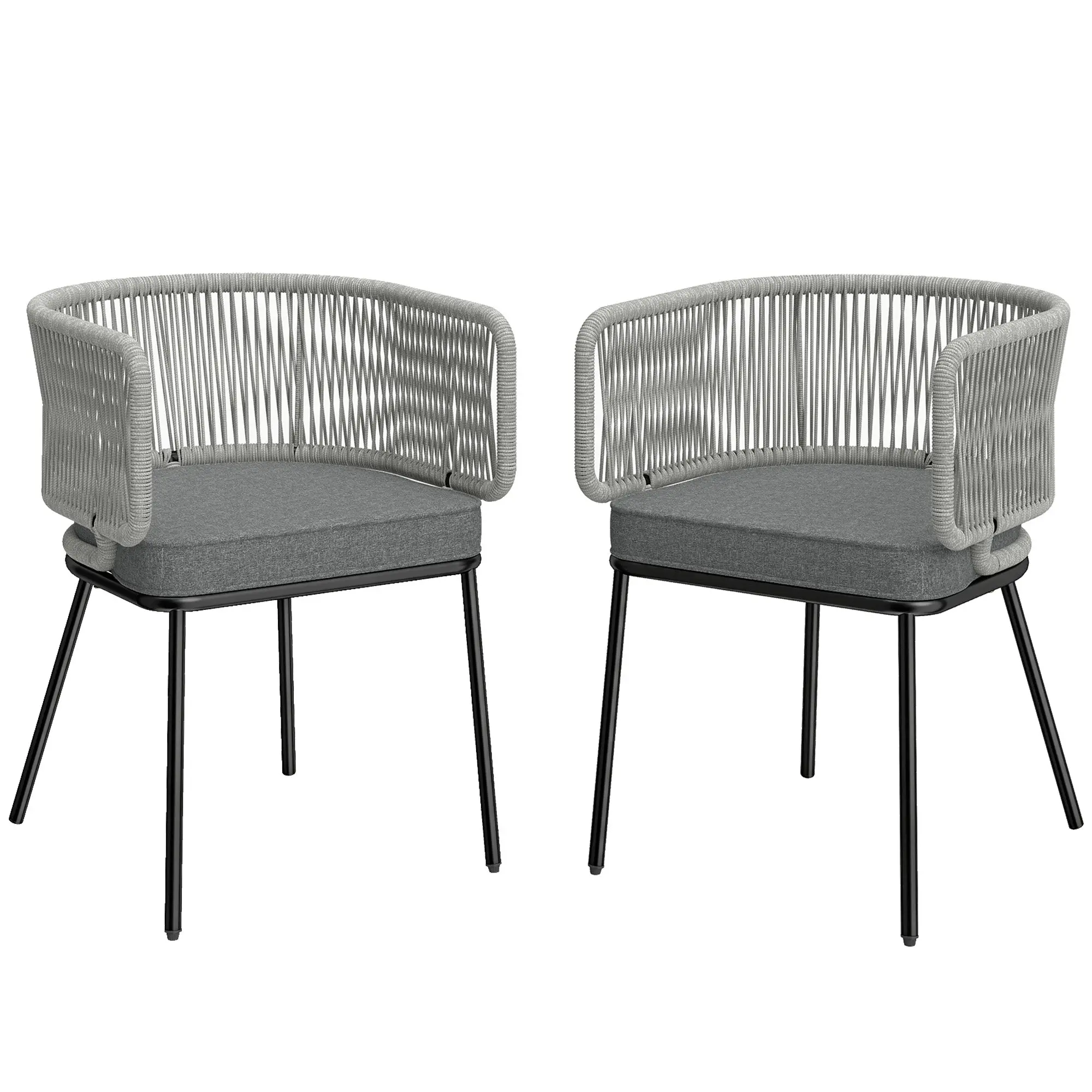 Set of 2 Outdoor Woven Resin Armchairs with Removable Cushions, Steel Frame — Light Gray