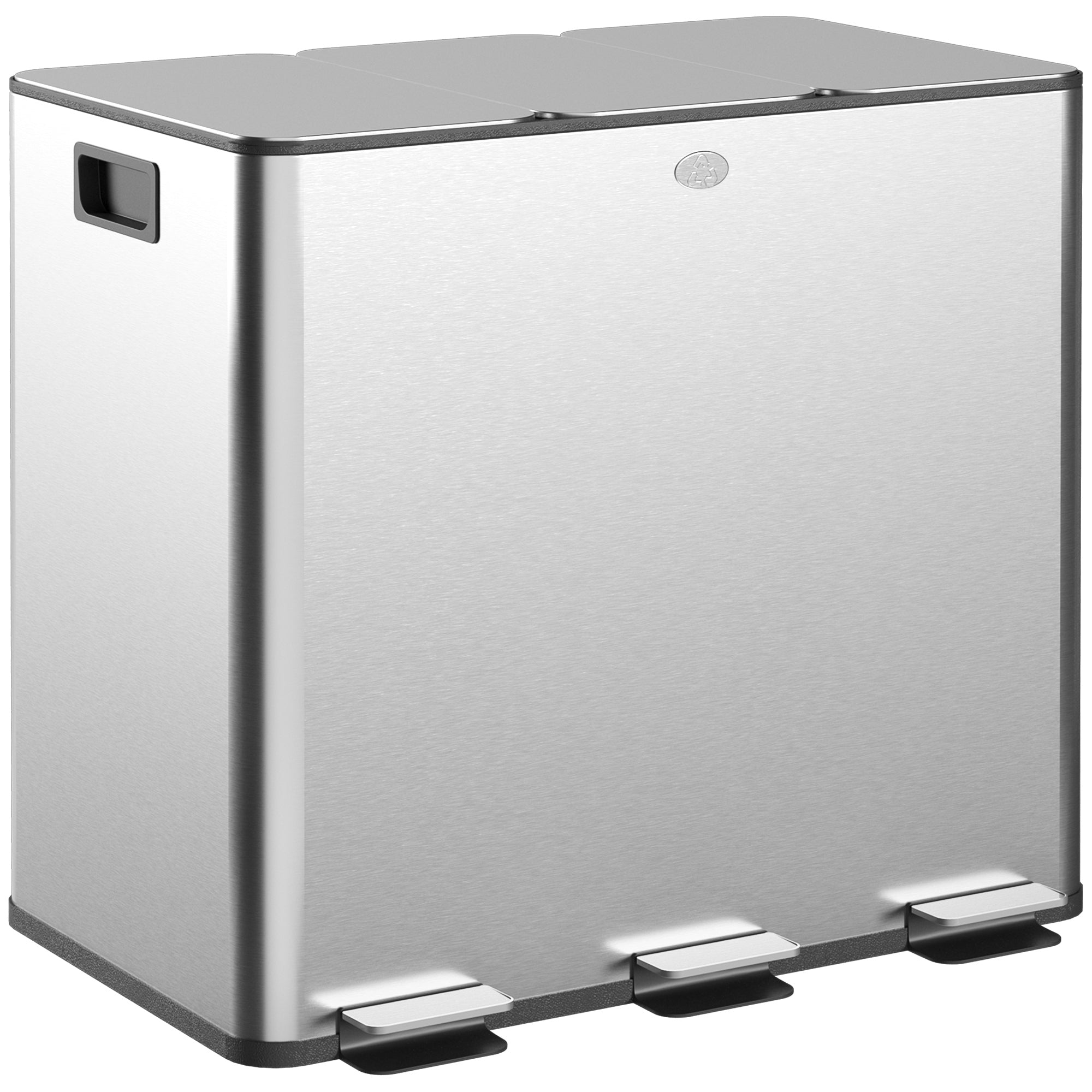 HOMCOM Kichen-Mëllbëch mat 3 Compartimenter 3x15L Edelstahl Kichen-Mëllbëch mat Soft-Close Decke a Réckwee-Bëch fir Recycling Aarbechtsschnëss Silber