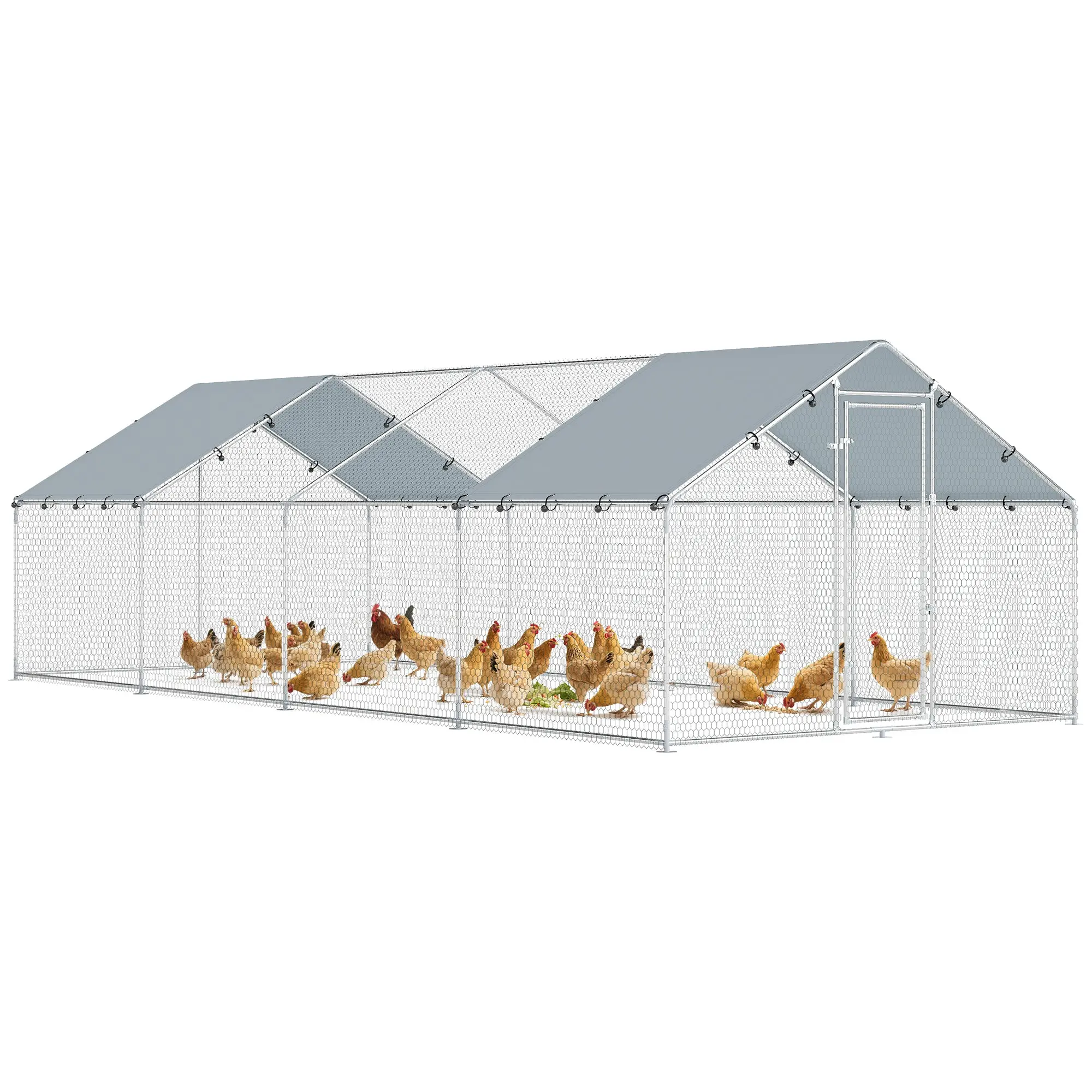 Large Outdoor Chicken Run — 22.3 x 9.8 x 6.2 ft (6.8 x 3.0 x 1.9 m), Galvanized Steel, Double-Lock Door, Oxford Canopy, UV & Water-Resistant, Accessible Design, Fits 20–30 Hens — Silver