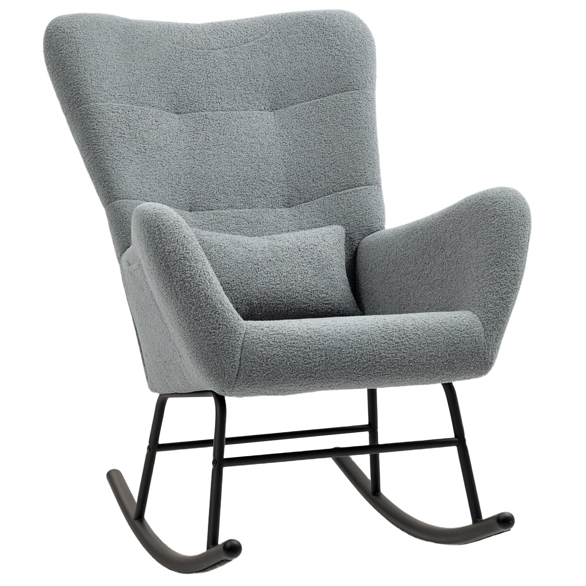 Rocking Chair, Rocker with Teddy Fabric Look, Armrest, Nursing Chair with Metal Runners, Lumbar Pillow, Recliner with Side Pocket for Living Room, Bedroom, Gray