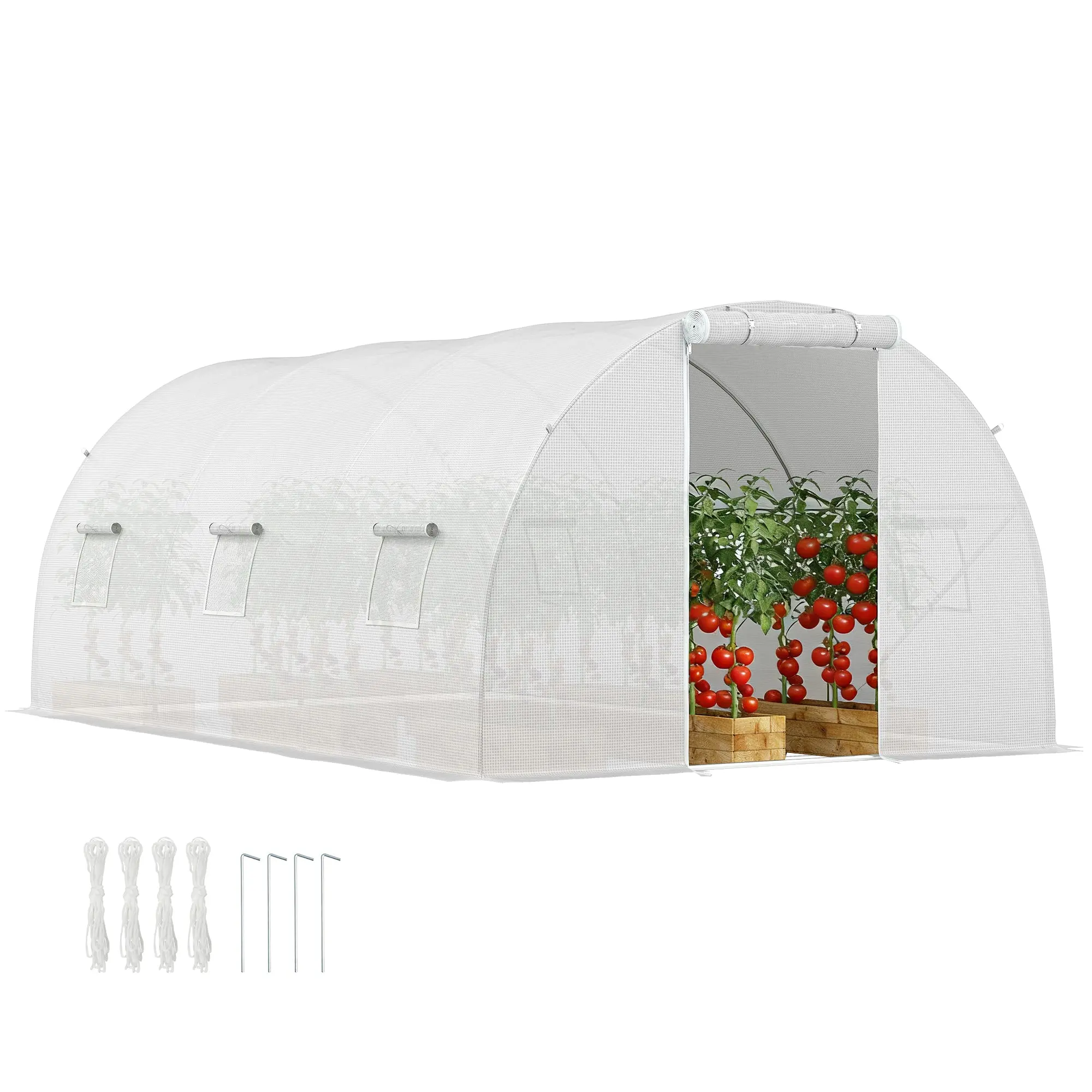 Tunnel Greenhouse 13.5 m² (4.5 x 3 x 2 m) – 6 Roll-Up Windows, Zip-Up Roll Door – Galvanized Steel Tube Frame, High-Density White PE Cover