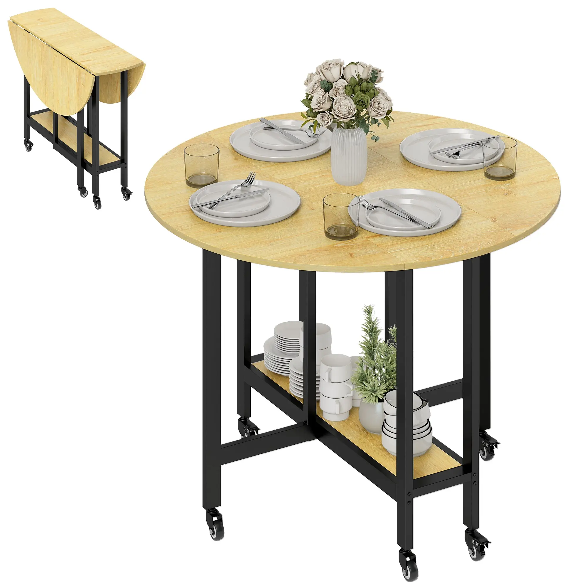Folding Dining Table on Casters, Round Drop-Leaf Kitchen Table for 2–4 with Lower Shelf, Oak, 39.4 x 39.4 x 29.5 in