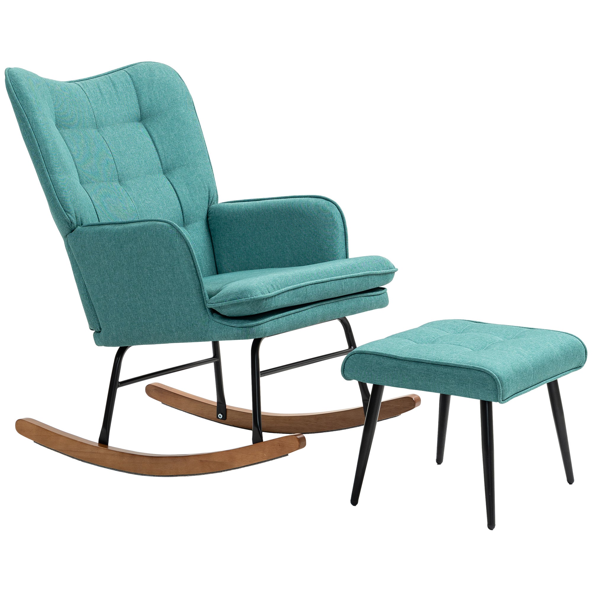 Rocking Armchair with Ottoman, Linen-Effect Armchair with Armrests, Up to 287 lb Capacity — Dark Green