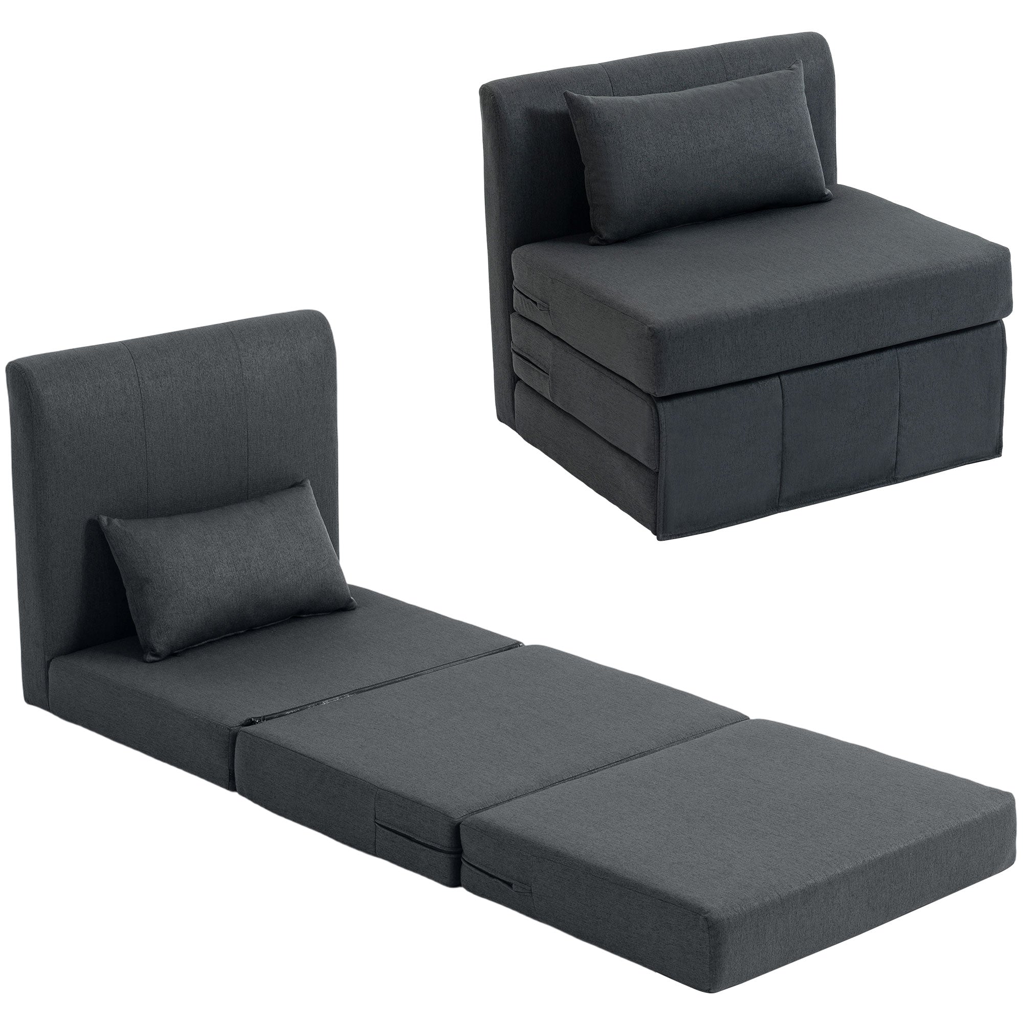 HOMCOM 2‑1 salokāms grīdas dīvāns-gulta — polsterēts viesu krēsls lina imitācijā, tumši pelēks (80 x 75 x 74 cm / 31.5 x 29.5 x 29.1 in)