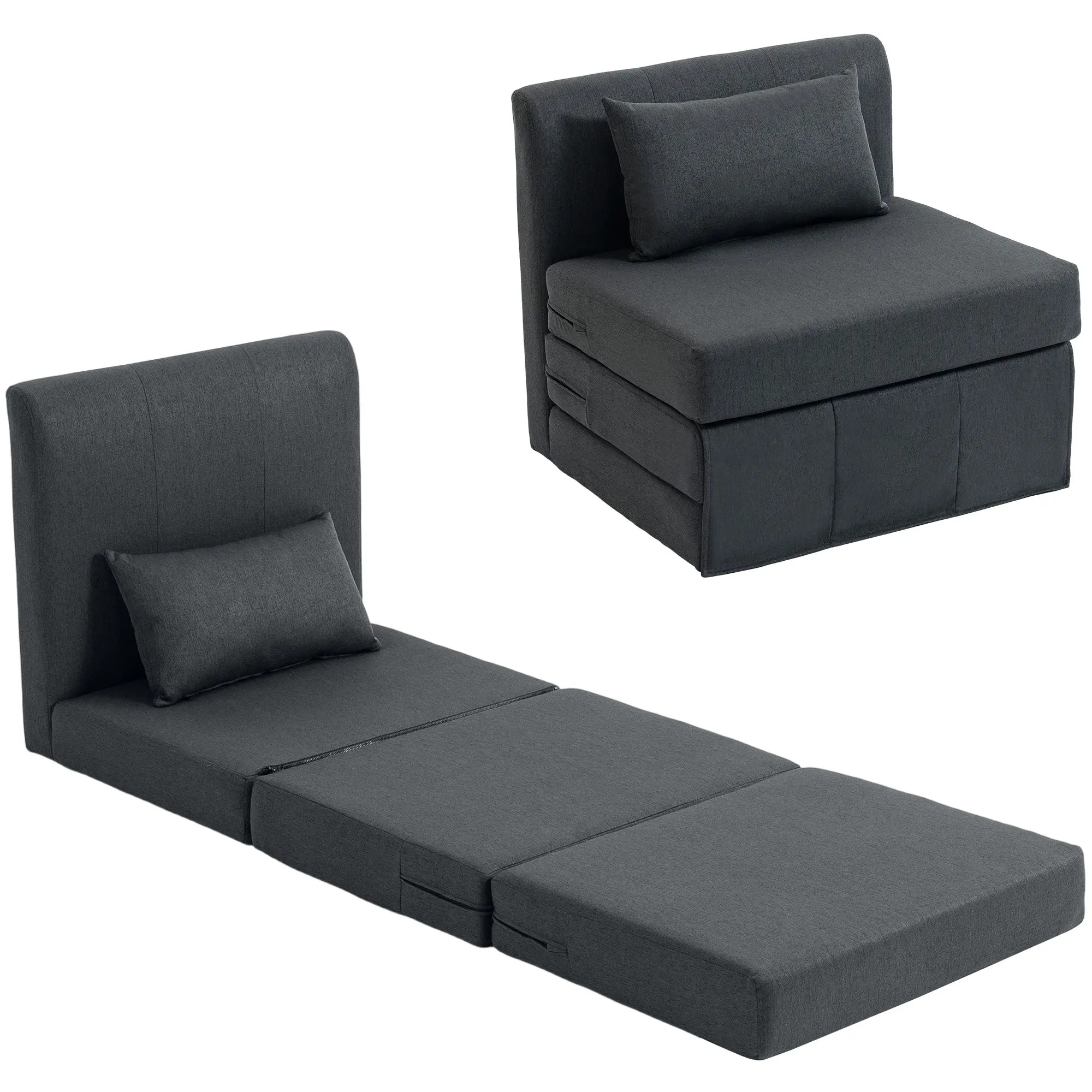 2-in-1 Folding Floor Sofa Bed — Linen-Look Padded Guest Chair Converts to Single Bed, Dark Gray (31.5 x 29.5 x 29.1 in)