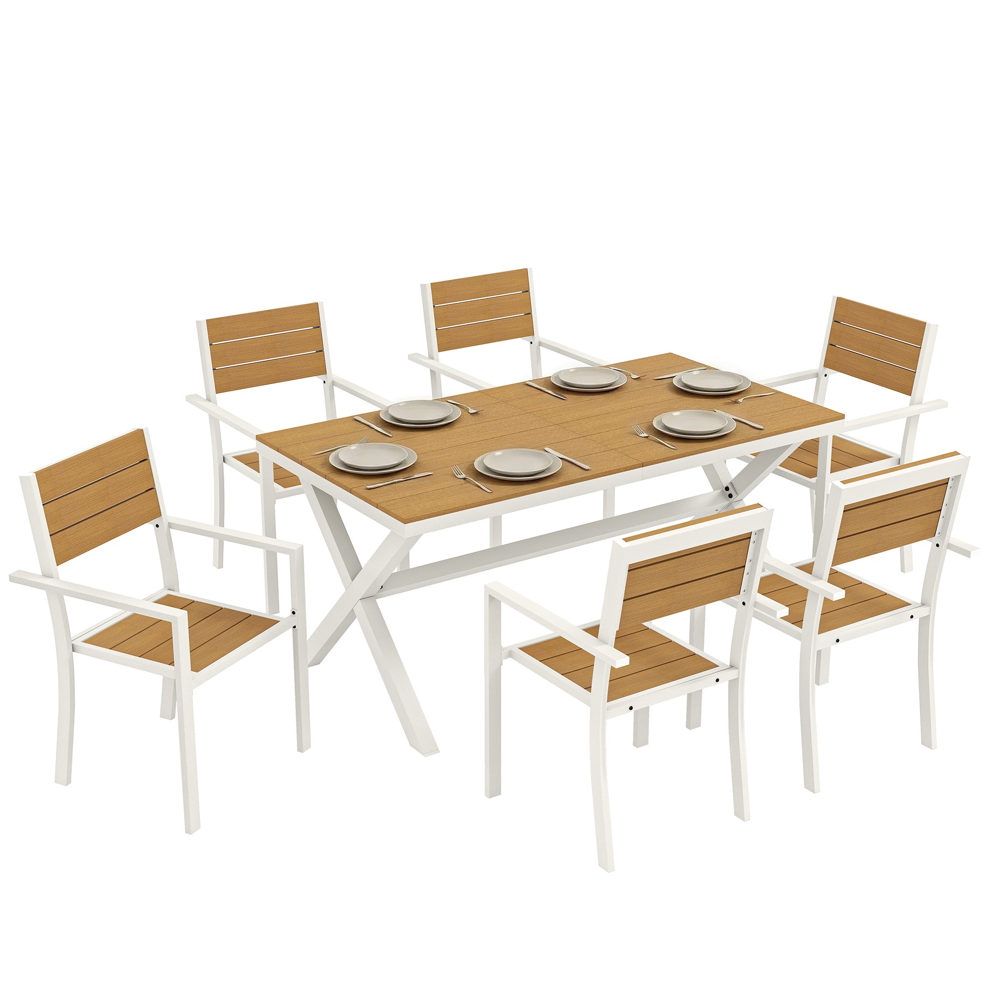 Outsunny 7-dele havebordssæt – Rektangulært bord med 6 stabelbare stole, teak-effekt kunststoflameller, aluminiumsstel, pladsbesparende, vejrbestandigt