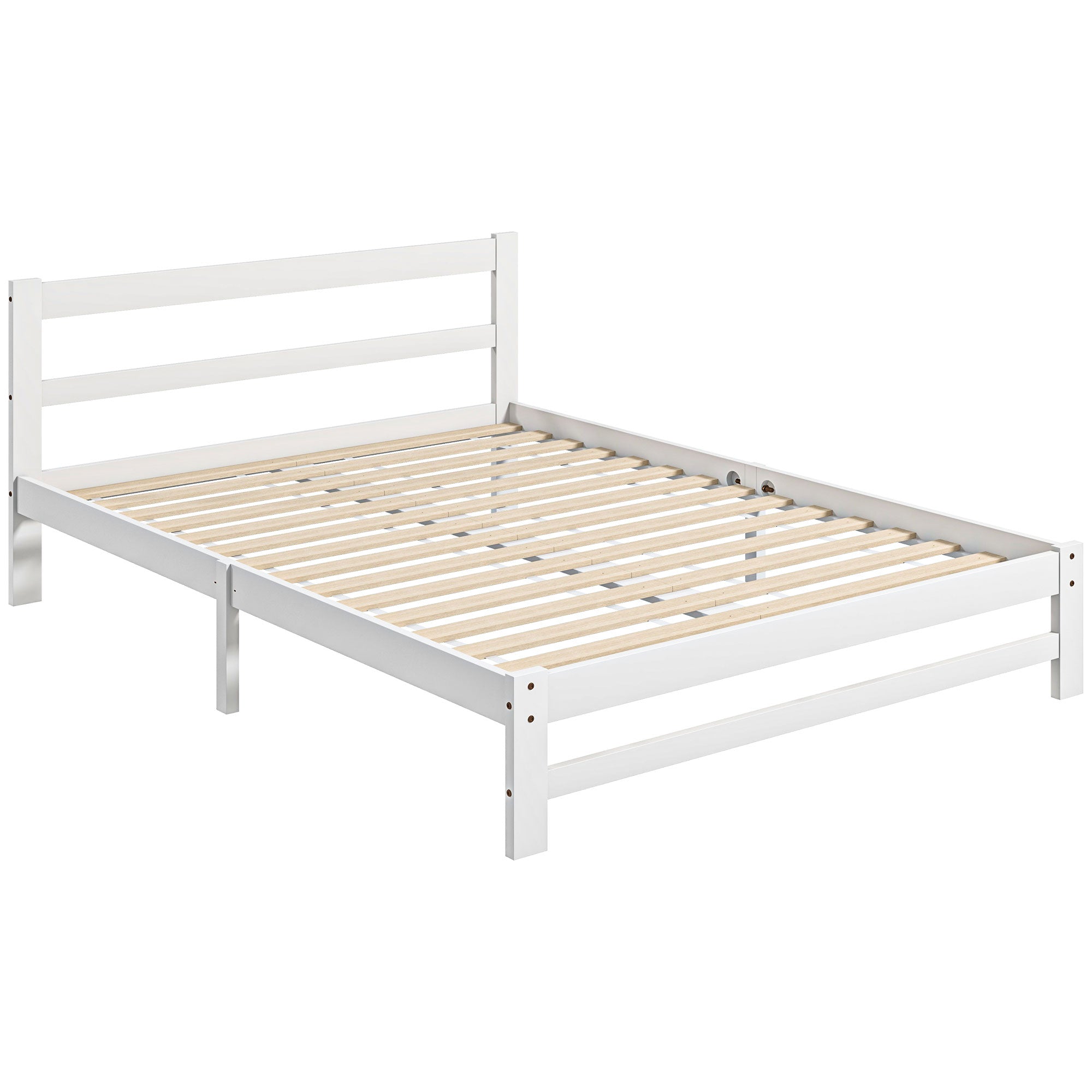HOMCOM Houten Bedframe 195x141 cm Tweepersoonsbedframe voor 135x190 cm Matras (niet inbegrepen) 300 kg Laadvermogen Wit