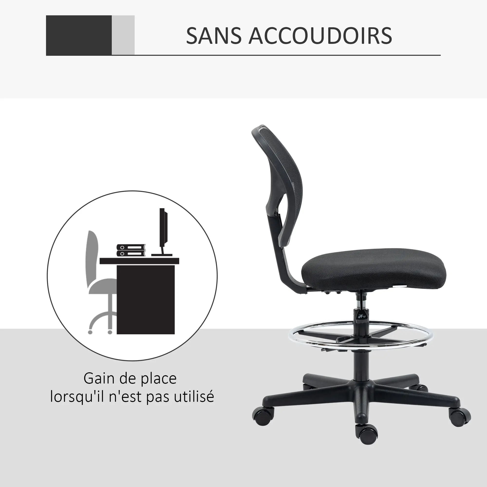 High-seat office chair ergonomic mesh back office chair adjustable height 50-70 cm with 360° swivel footrest black