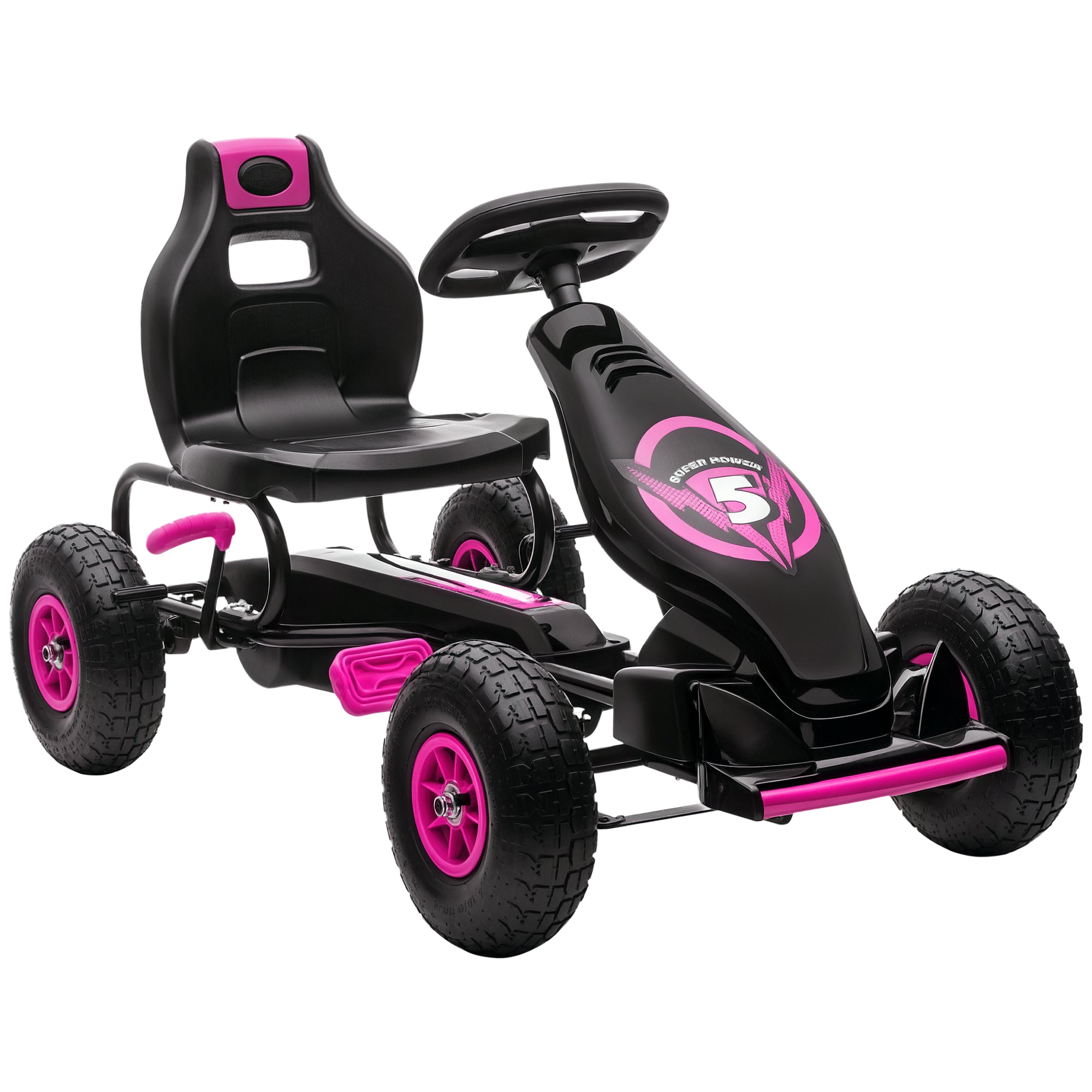 HOMCOM Go-Kart, Laste Sõiduk Reguleeritava Istmega, Pedalkäru Kummiratastega, Pedal- ja Käepidurbiga, Kettcar 5-12 aastastele, Välitingimustes, Roosa