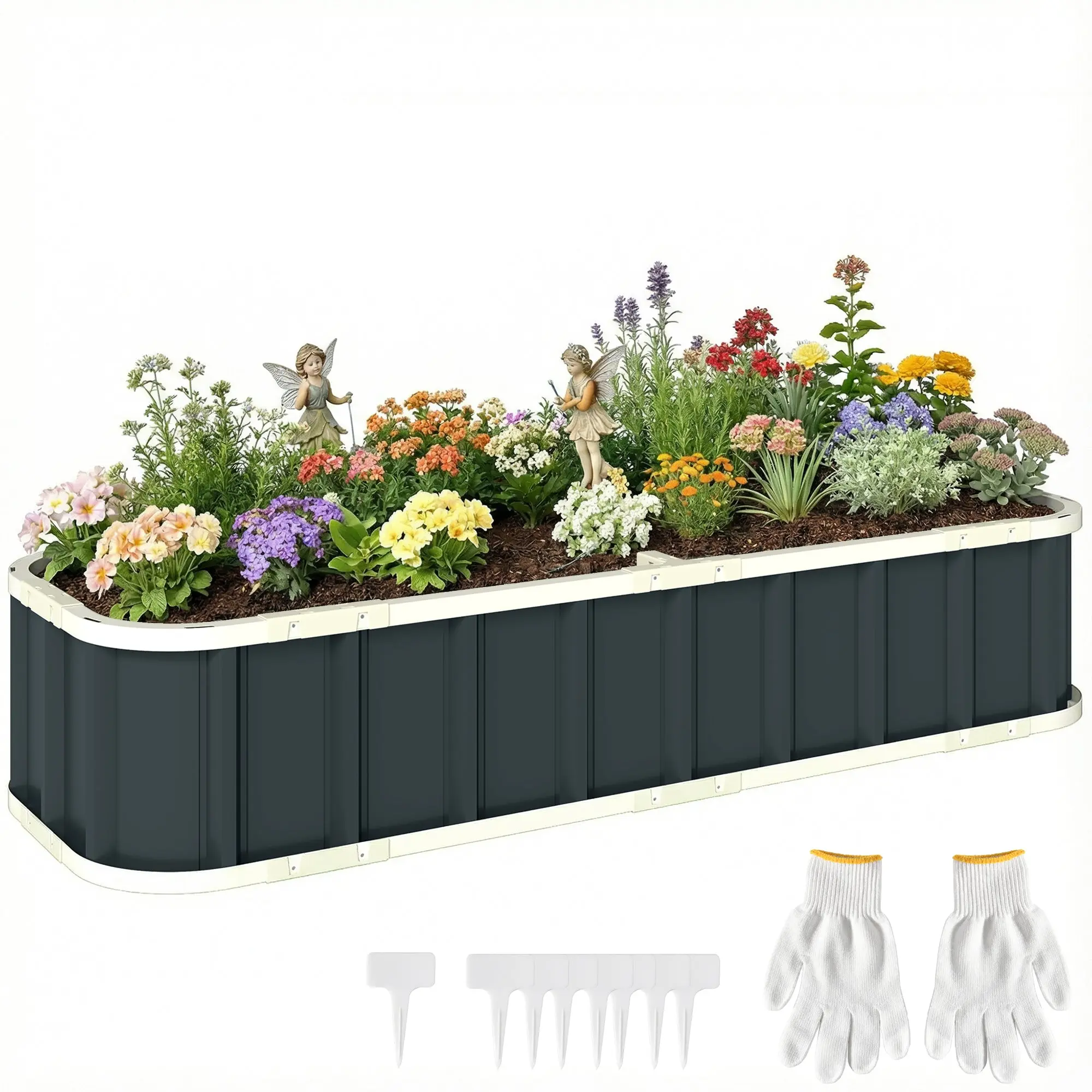 Galvanized Steel Raised Planter with Gloves and Rolled Edges, Garden Bed for Flowers, Herbs & Vegetables, 65 x 20.5 x 12.2 in, Dark Gray