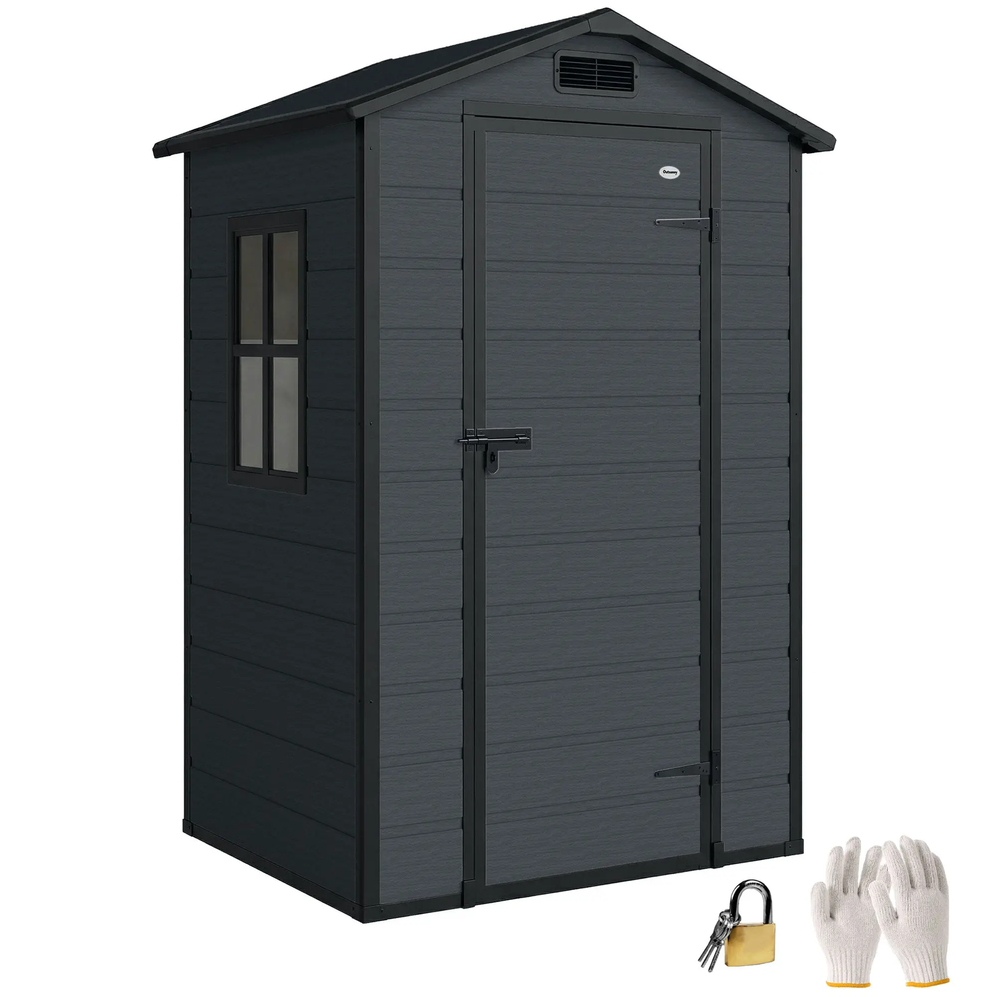 Outdoor Garden Shed 1.09 m² (11.7 sq ft) — 128 × 104 × 196 cm (50.4 × 41.0 × 77.2 in), Plastic Shed with Floor, Lockable Door, Window & Vent, Dark Gray