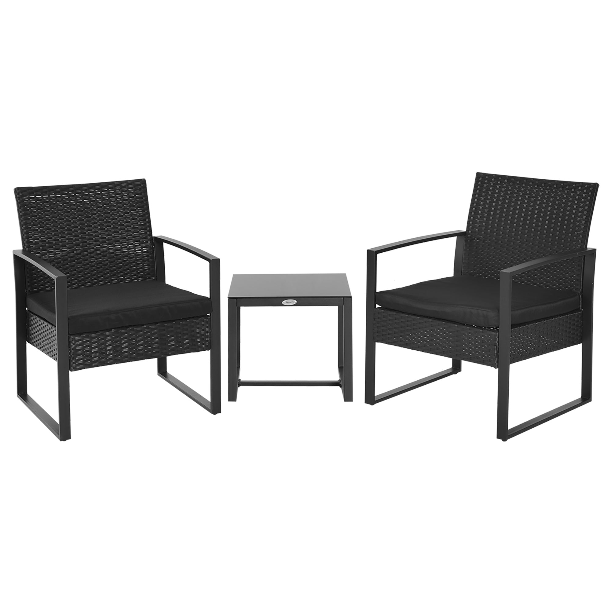Outsunny Polyrattan Utomhusmöbelset, Balkongmöbler för 2 Personer, 3-delat Sittgrupp med 2 Stolar, Bord, Sittkuddar, Väderbeständiga Utemöbler för Trädgård, Terrass, Balkong, Svart
