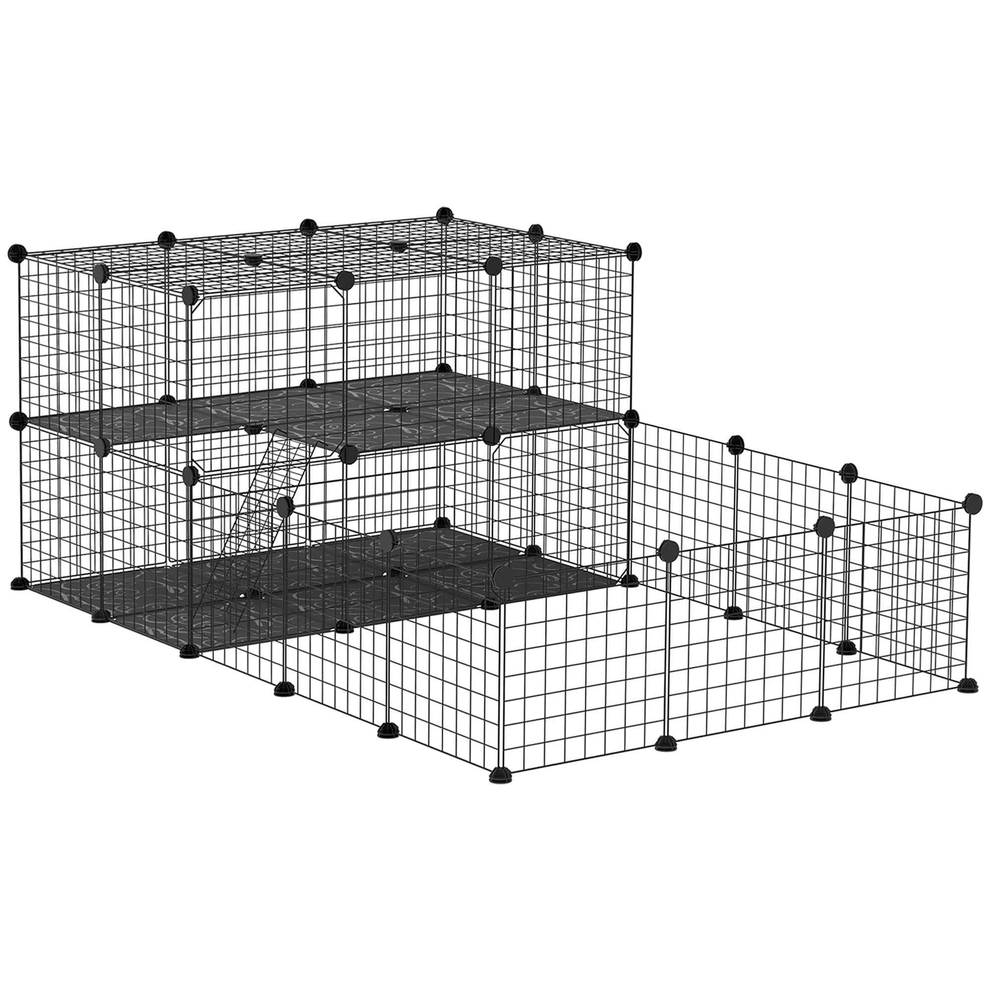 PawHut Kleintierkäschte mat 33 Paneelen - Déi personaliséierbar Form Metallzäun fir Guinee Schweeschten, Kanéngchen a Chinchillen 175x105x70 cm Schwaarz