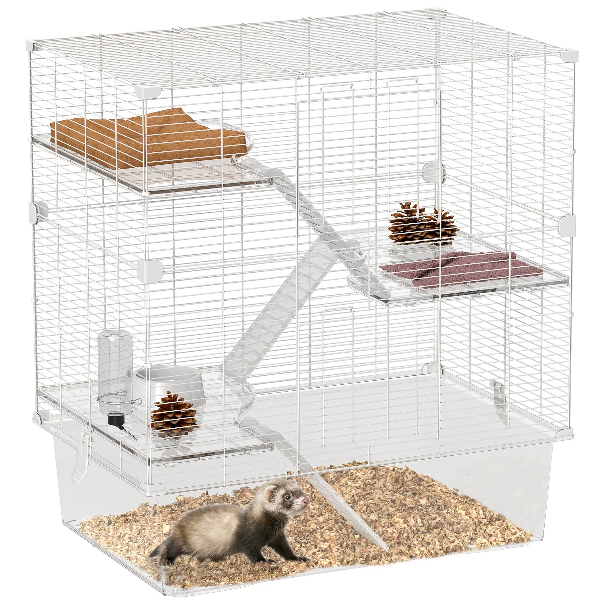4-Level Small Animal Cage Rodent Cage with Deep Tray Ramps Platforms Feeder and Drinker Enclosure for Chinchillas Ferrets Hamsters 73x47x80 cm White