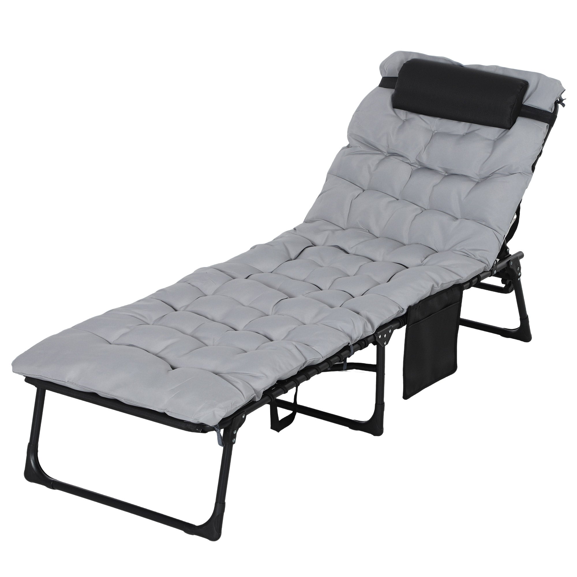 Folding Sun Lounger with 5-Position Adjustable Backrest, Portable Garden Recliner Chair with Headrest, Padded Cushion, Side Pocket, Breathable Mesh Seat and Steel Frame, Light Grey