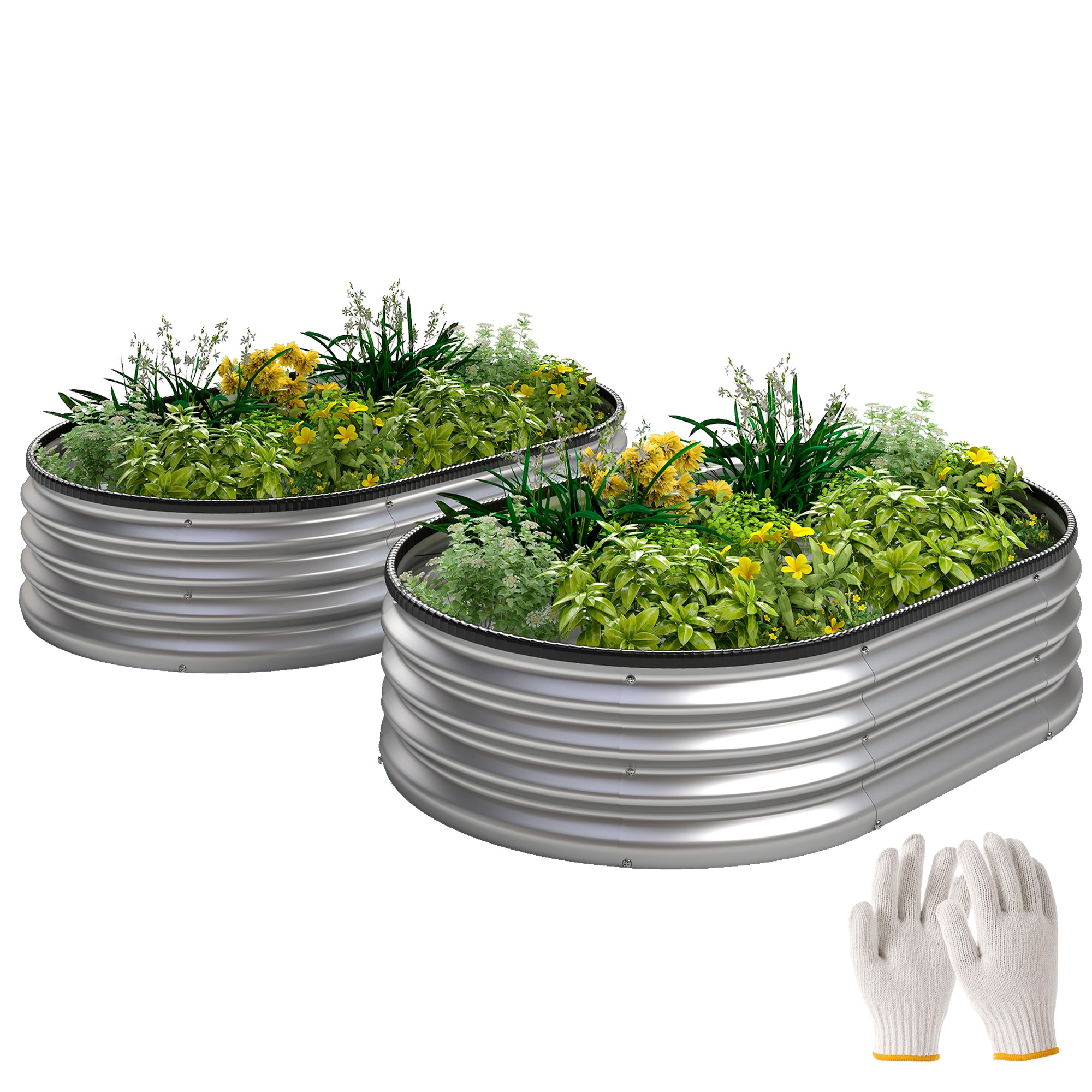 Outsunny metalliset kohopenkit 2 kpl, 135 x 90 x 30 cm — ovaalit avoalapohjaiset ruukut kumireunuksella, käsineet mukana, modulaarinen puutarhaistutus vihanneksille, hedelmille, kukille ja yrteille, h