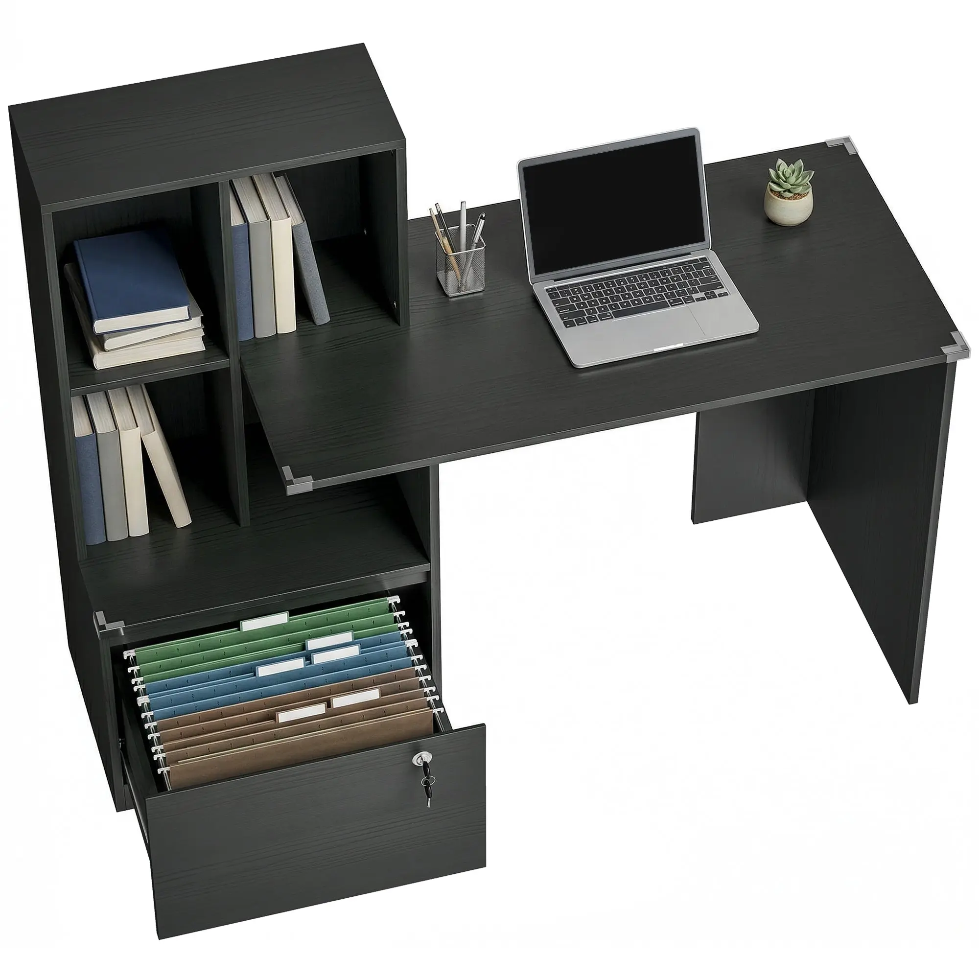 Computer Desk with 4-Compartment Bookshelf and Lockable File Drawer, Anti-Collision Pads, Study Table for Bedroom or Office, 49.6 x 19.7 x 42.9 in, Black