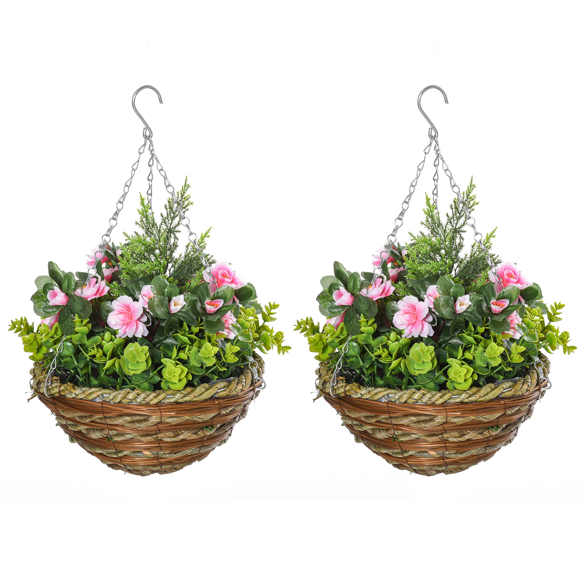 Set of 2 Artificial Lisianthus Plants with Pot and Hook, Artificial Plants in PE and Wicker, ?25x34 cm, Green and Pink