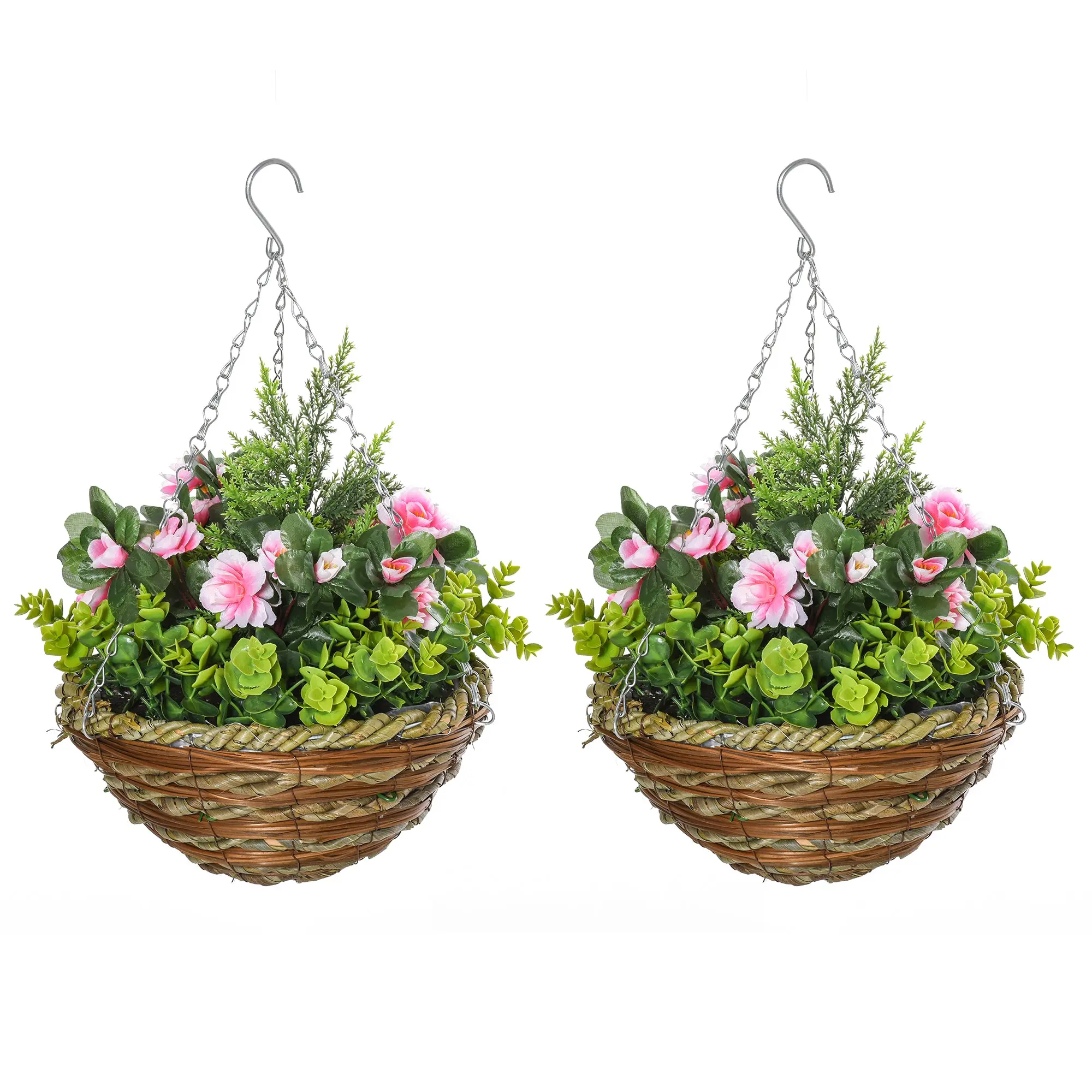 Set of 2 Artificial Lisianthus Plants with Pot and Hook, Artificial Plants in PE and Wicker, ?25x34 cm, Green and Pink
