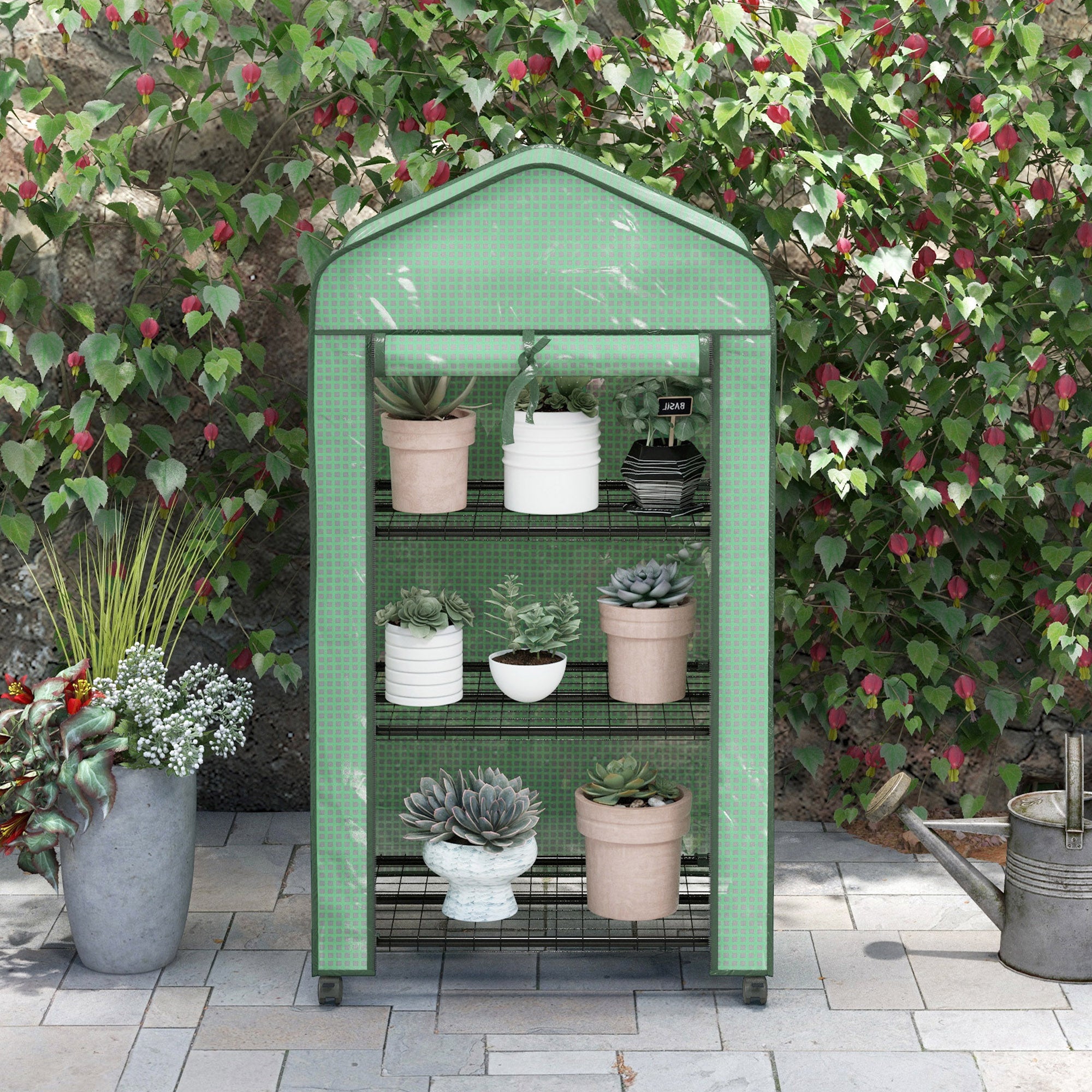 Garden Greenhouse PE with 3-tier shelves, balcony greenhouse, reinforced 140 g/m? cover, steel frame, roll-up zippered door, for vegetables plants flowers, 69x49x130cm, green