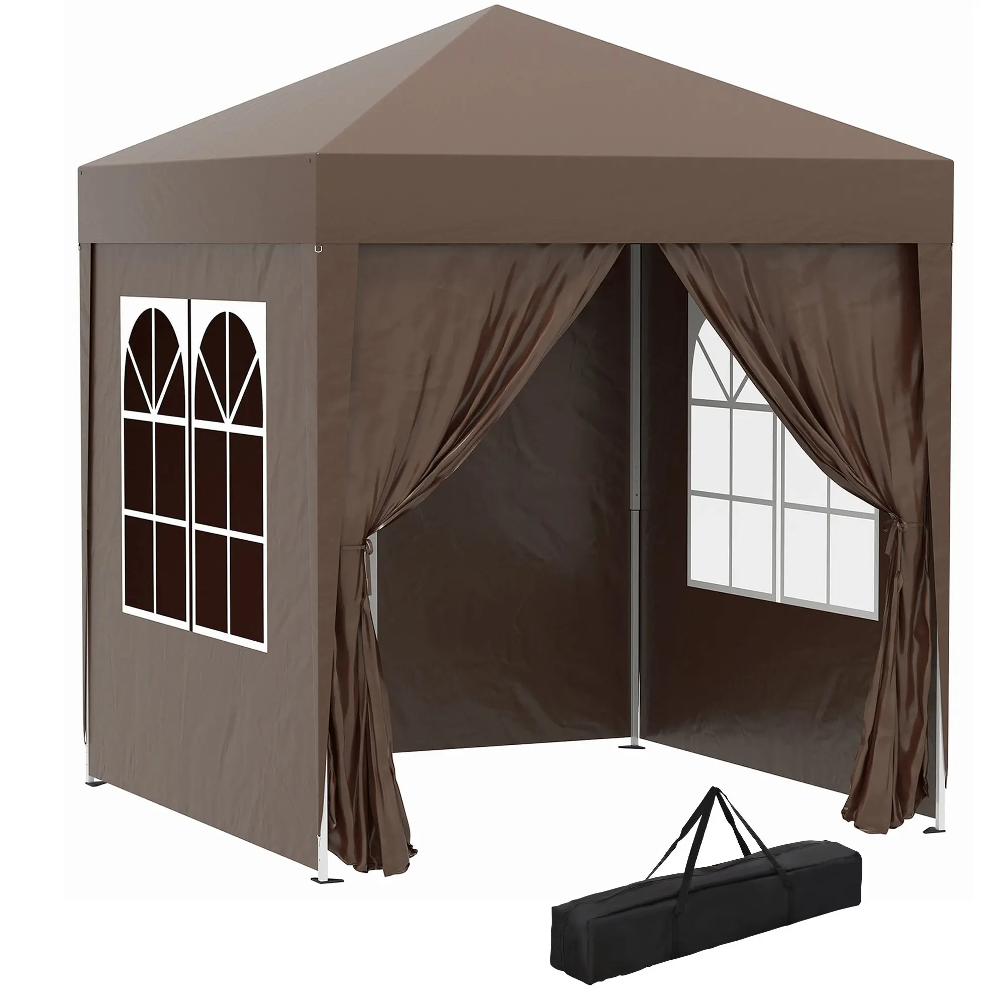 Pavilion 2x2m Waterproof, Pop-Up Folding Pavilion with 4 Side Walls, Drainage Holes Window, Foldable Party Tent UV 30+, Garden Tent with Carry Bag, Garden Pavilion for Patio, Brown