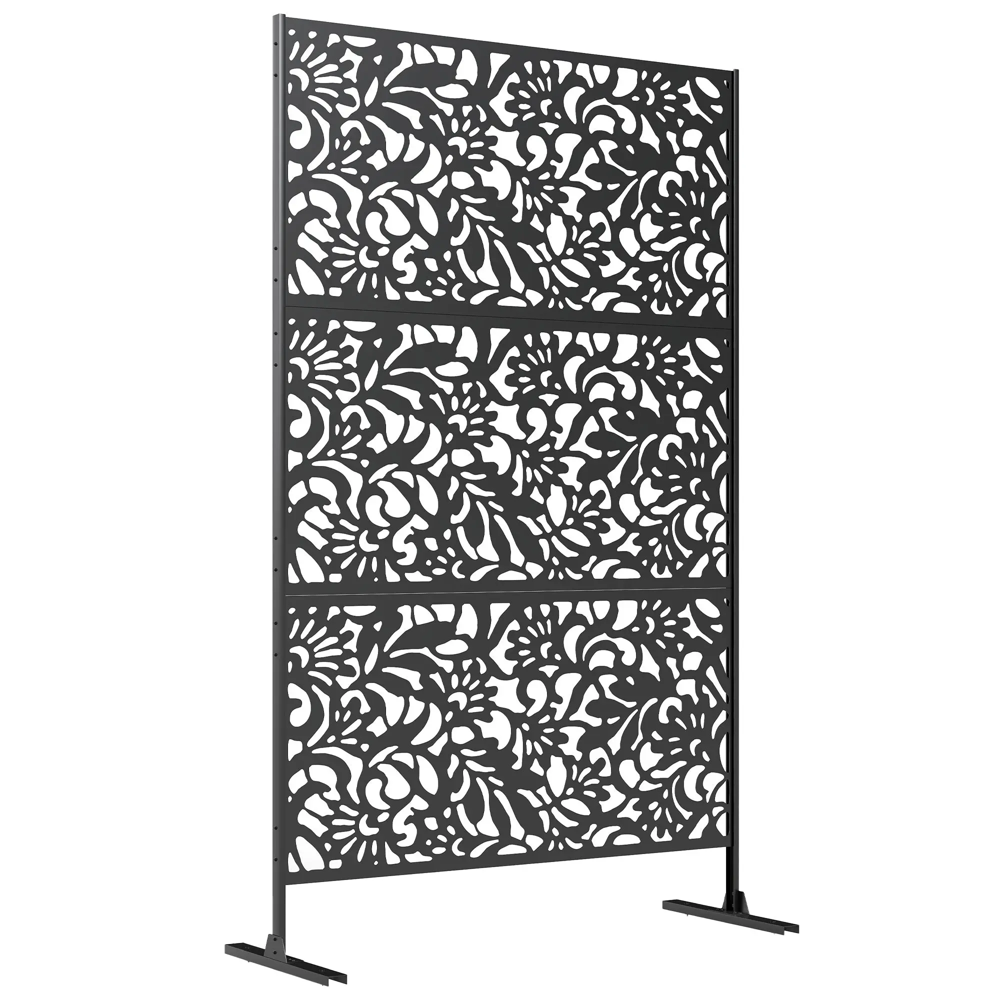 Decorative Outdoor Privacy Screen — 3-Panel Floral Metal Trellis with Galvanized Steel Frame, 122 x 45 x 198 cm (48 x 17.7 x 78 in), Black