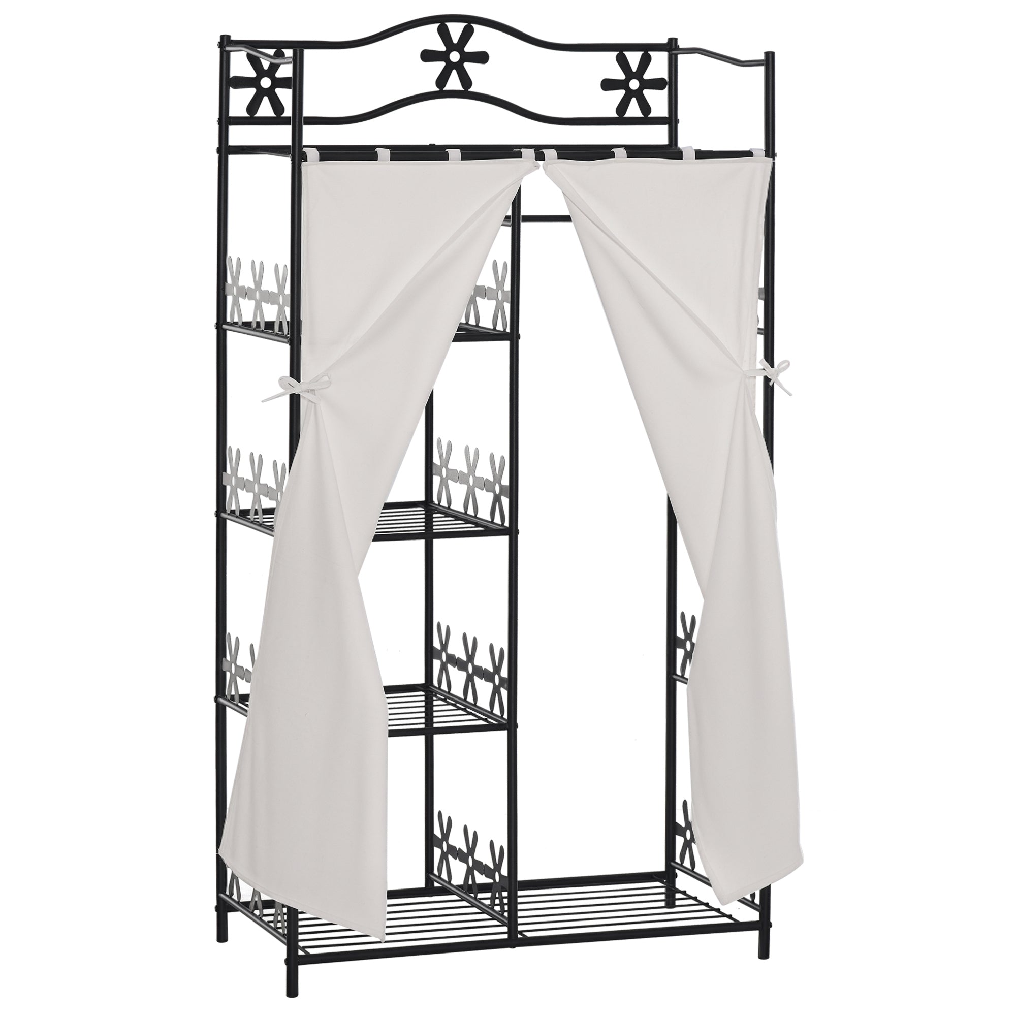 HOMCOM Kleiderschrank für Erwachsene mit 5 Regalen und 2 weißen Vorhängen – Multi-Speicher, 84L x 42B x 159H cm, Metall Schwarz