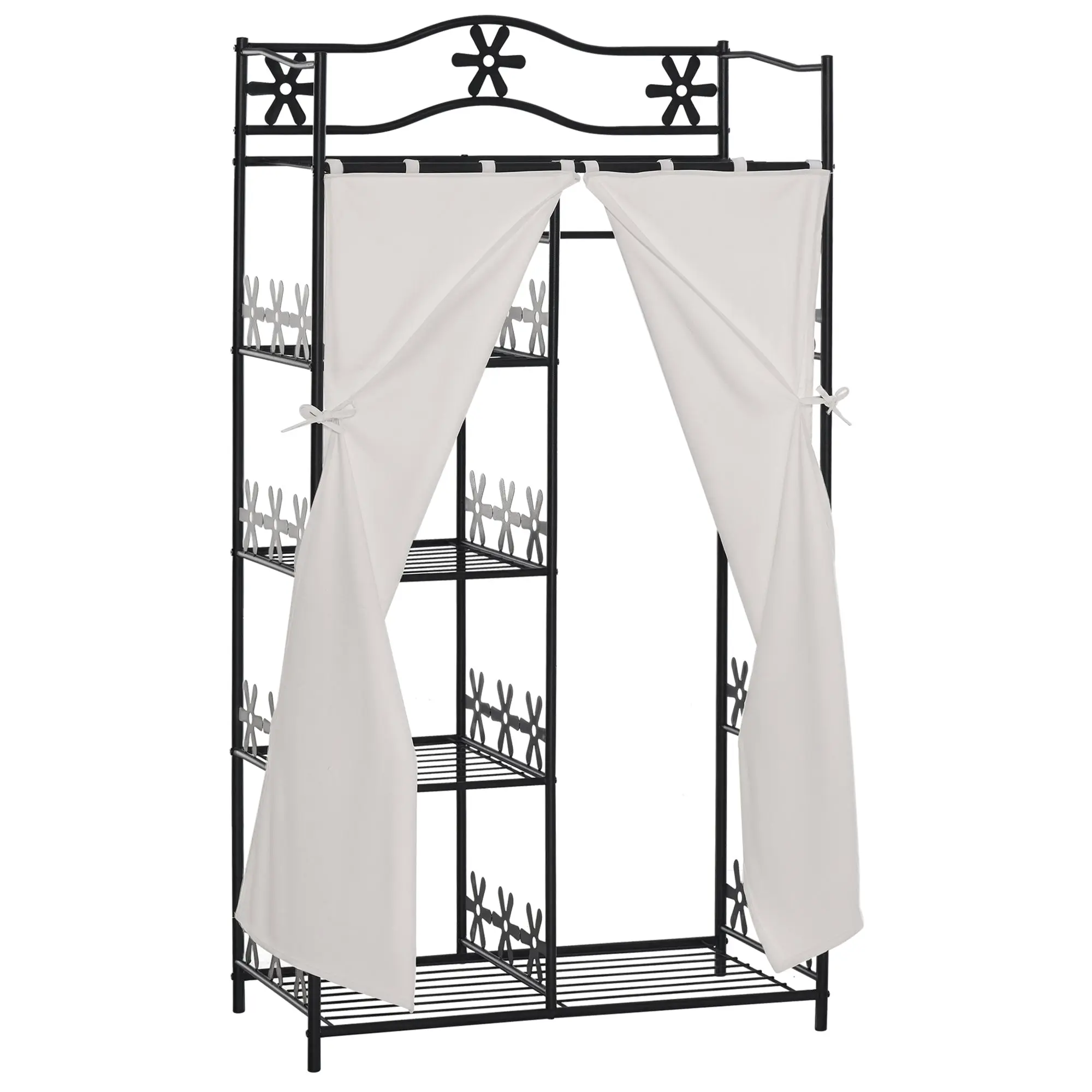 Adult Bedroom Wardrobe Clothing Dressing Multi Storage 5 Shelves 84L x 42W x 159H cm Metal Black 2 White Curtains