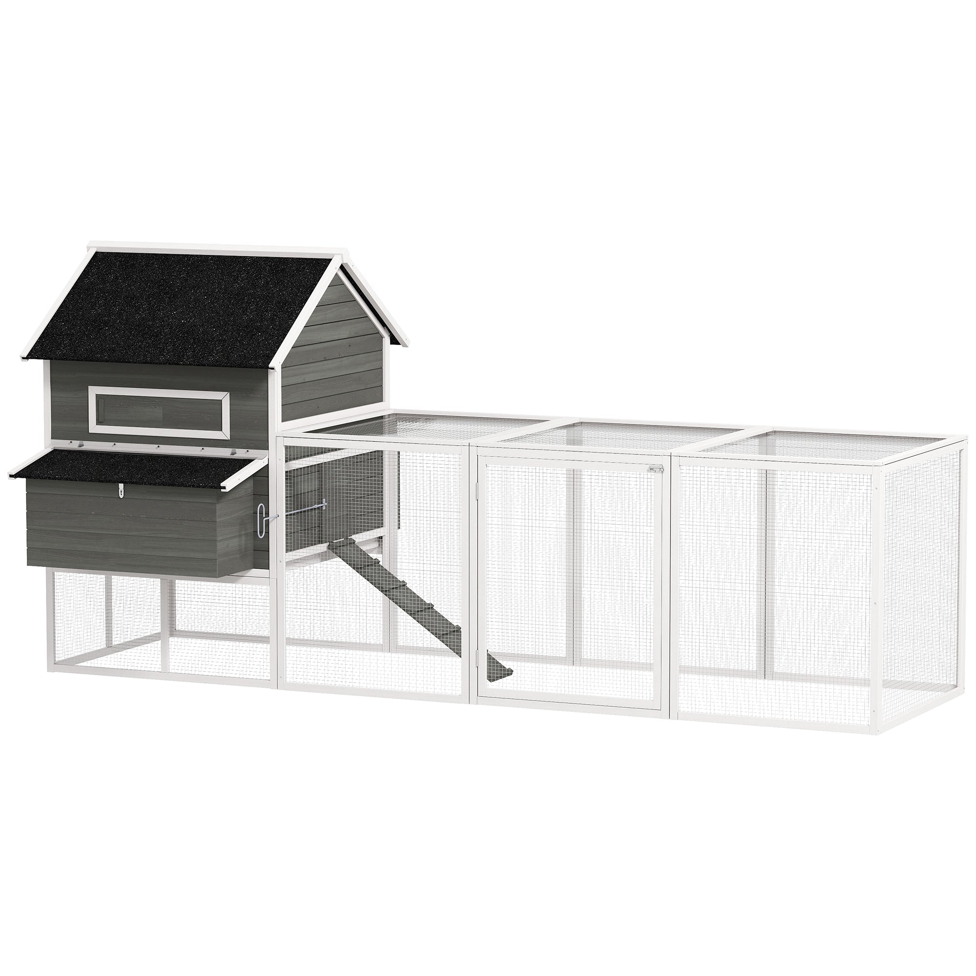 PawHut großer Außen-Hühnerstall aus Holz mit 2 Nistkästen, Auslauf, Bitumendach, herausziehbarer Schublade & Rampe — Erhöhter Stall für 8–10 Hennen oder Kaninchen, 347 × 160 × 150 cm, Dunkelgrau