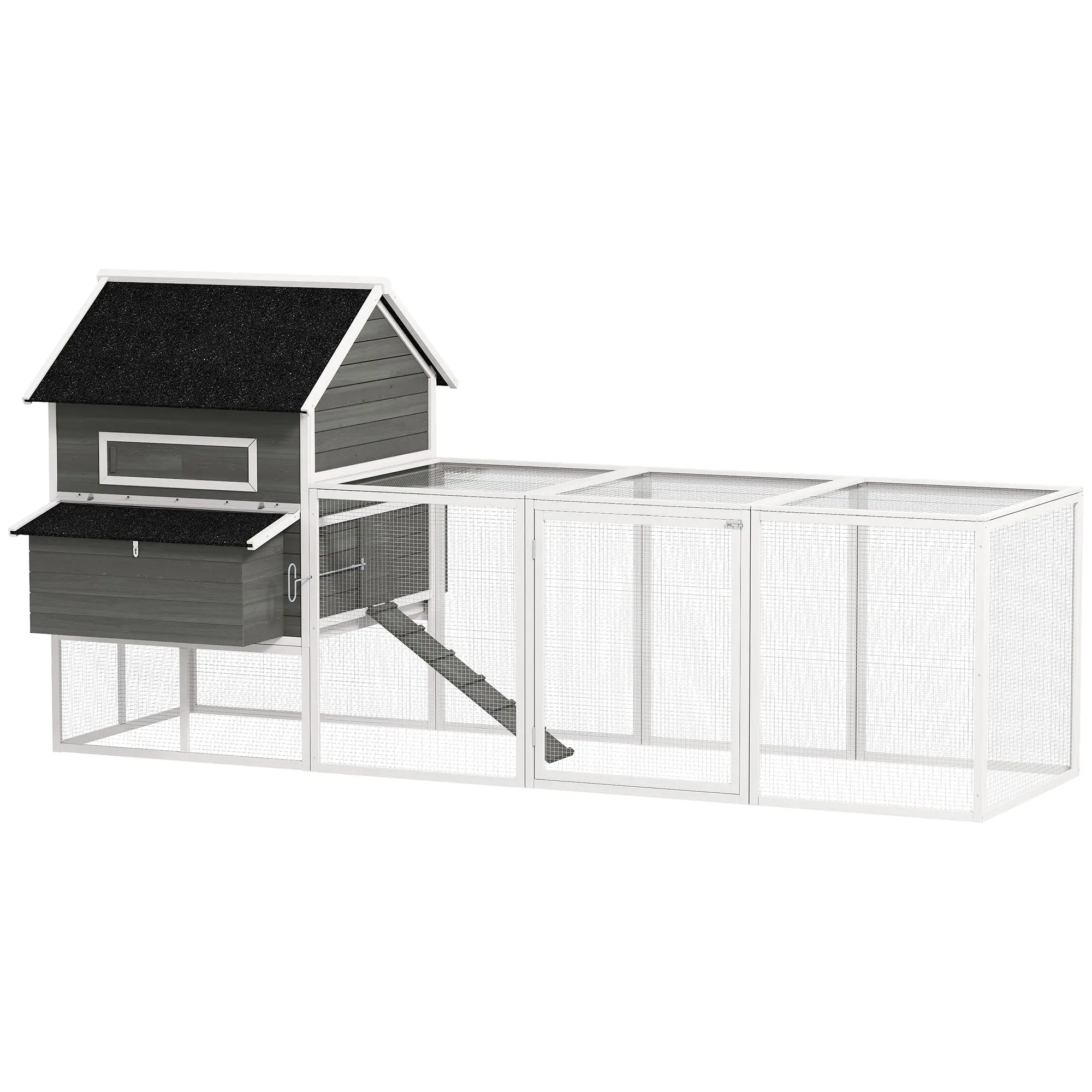 Large Outdoor Wooden Chicken Coop with 2 Nesting Boxes, Run, Asphalt Roof, Removable Tray & Ramp — Raised House for 8–10 Hens or Rabbits, 347 x 160 x 150 cm (136.6 x 63.0 x 59.1 in), Dark Gray
