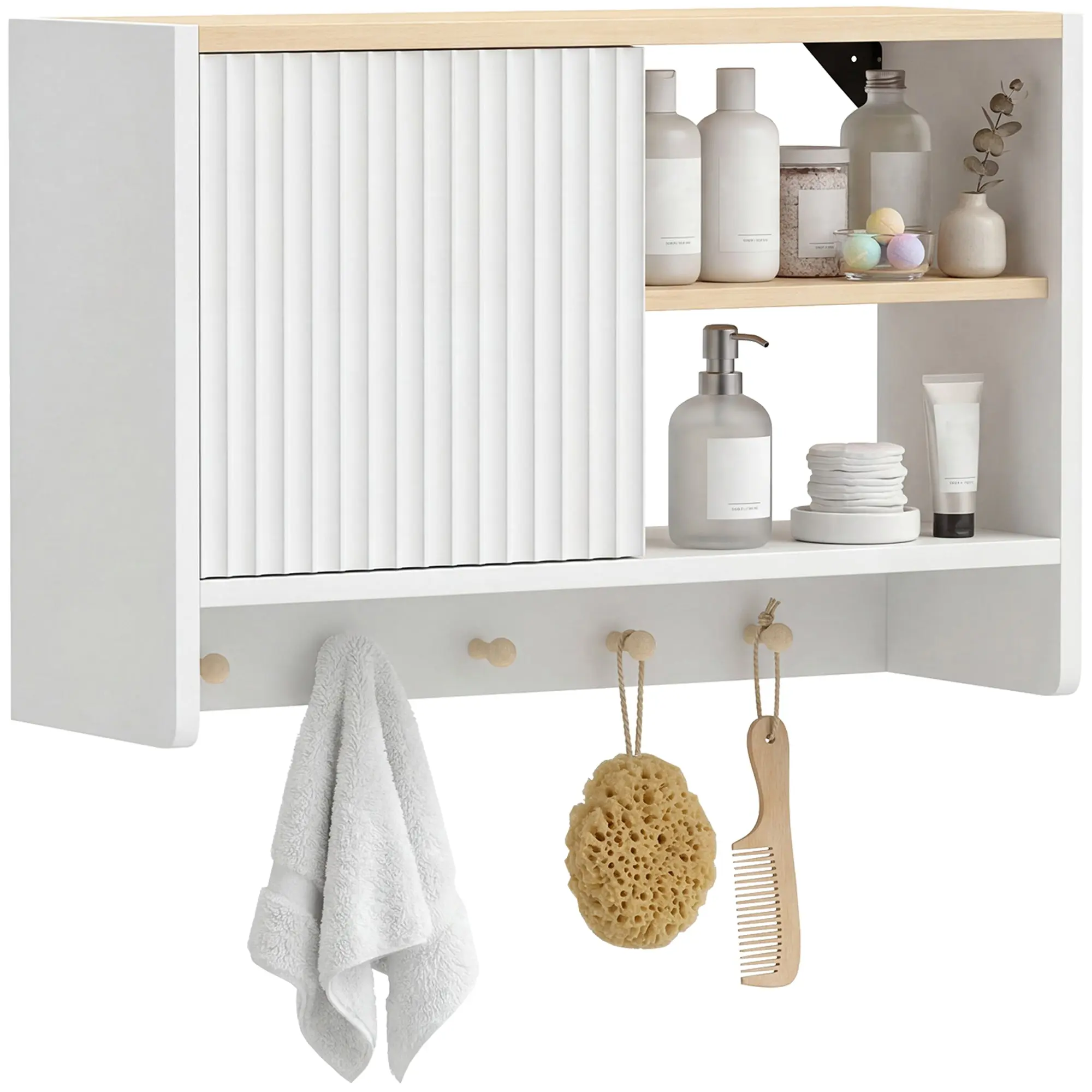 Wall-Mounted Bathroom Cabinet with Door, 2 Open Shelves & 5 Hooks, 23.6 x 7.9 x 15.7 in, White & Oak