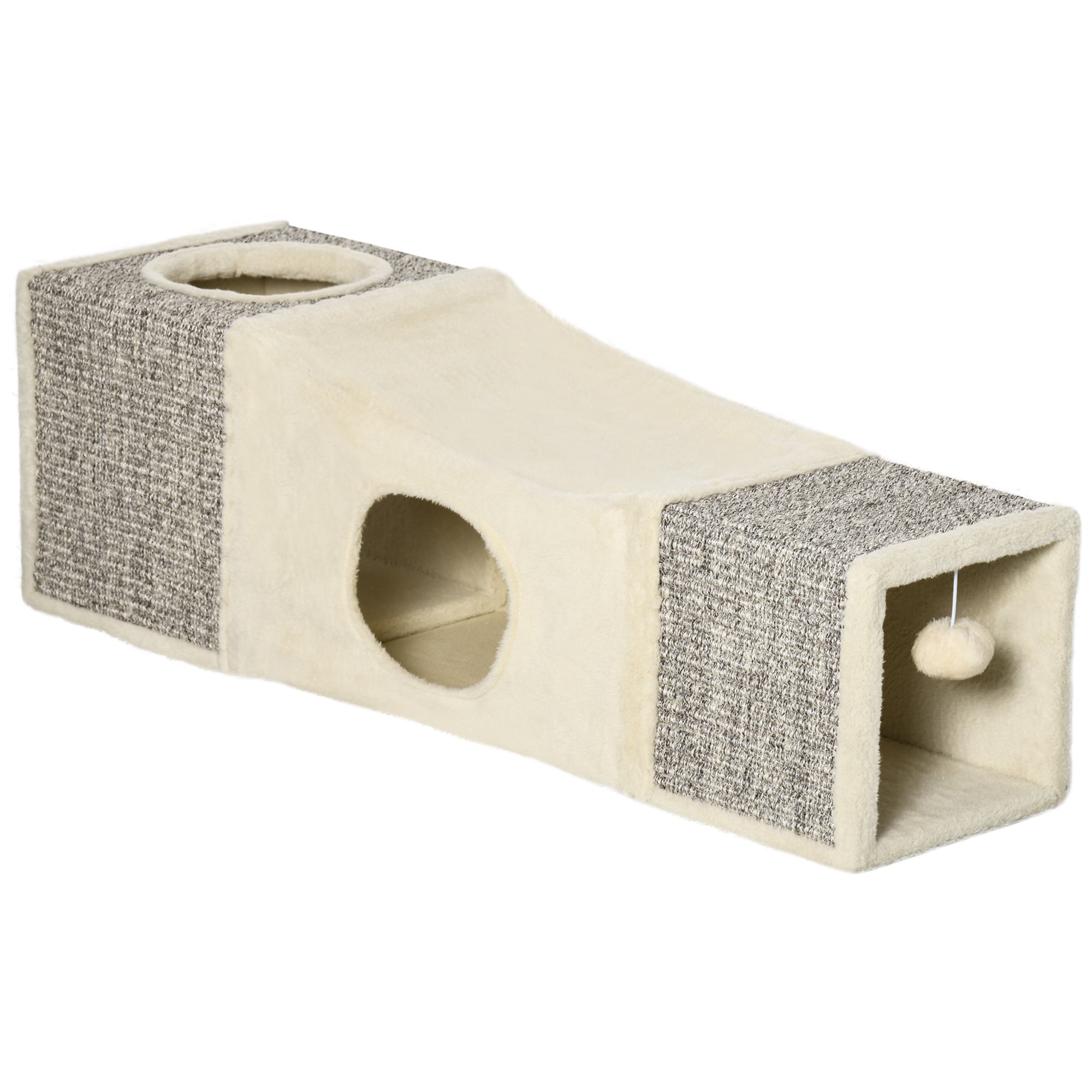 PawHut Kat Tunneler, Kat Legetøj med Bold, Kat Hule, Foldbar Sisal Legetunnel, Sammenhængende Design, Brun+Beige, 98 x 30 x 30 cm