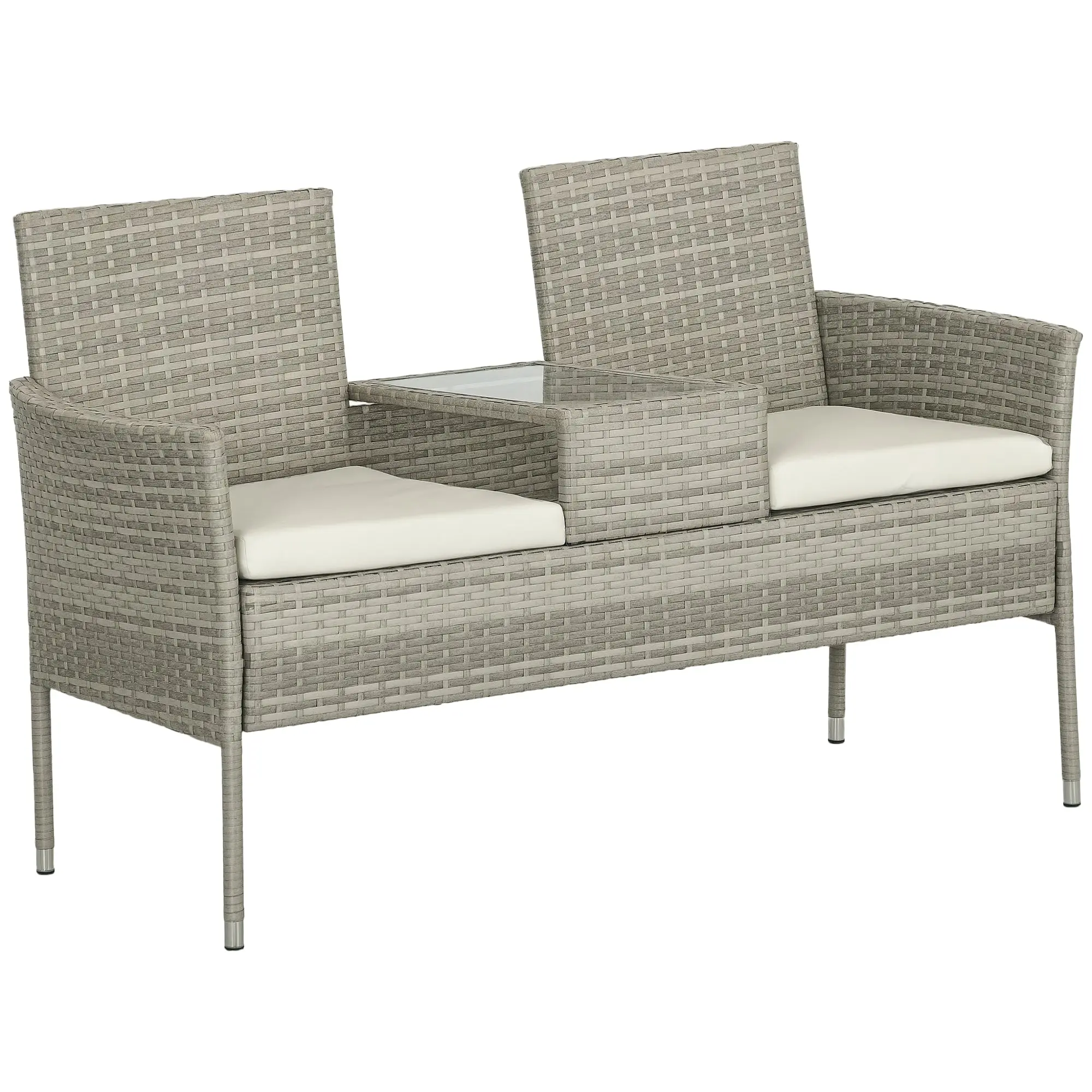 2‑Seat Woven Resin Garden Bench with Center Table & Cushions — 135 x 64 x 81 cm (53.1 x 25.2 x 31.9 in) — Weather‑Resistant Outdoor Sofa for Balcony & Patio (Gray/Cream)