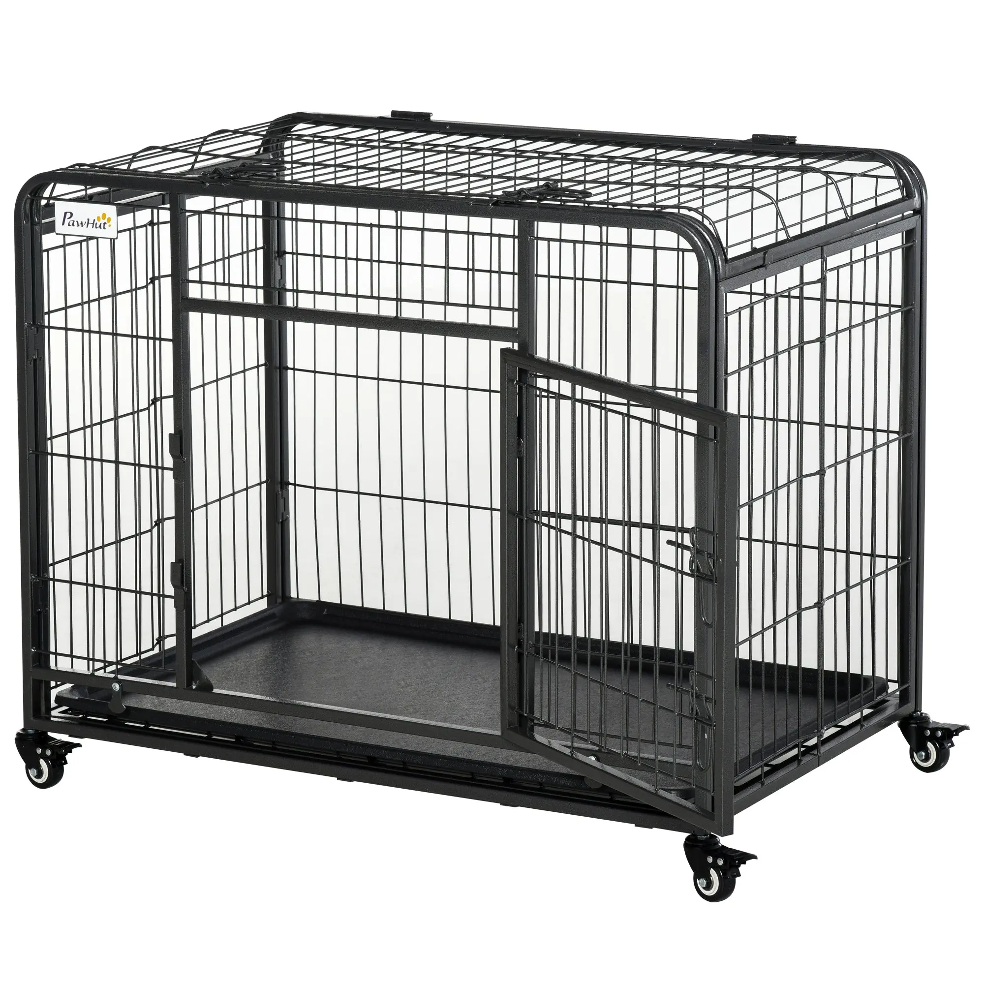 Foldable Dog Cage Transport Cage on Wheels 2 Lockable Doors Removable Tray 94L x 58W x 69.5H cm Metal Gray Black