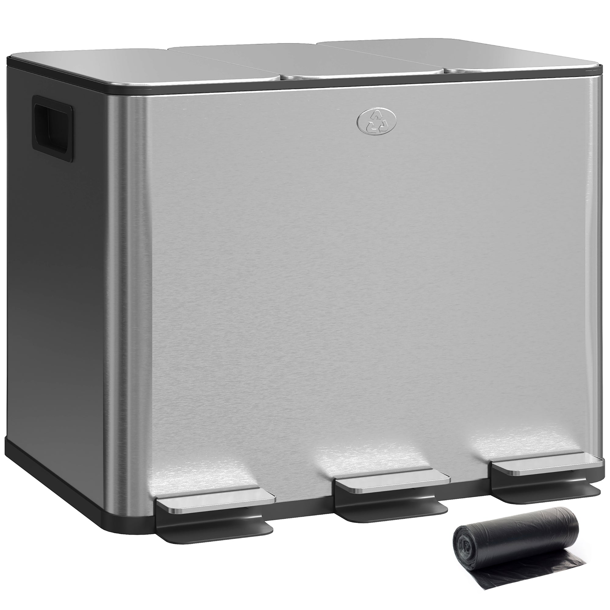 HOMCOM Kichen Mëllbehälter mat 3 Kompartimenter 3x10L Edelstol Kichen Mëllbehälter mat Soft-Close Decken an Ewechhuelbare Bëch fir Recycling Wéi Mëllreschter Silber