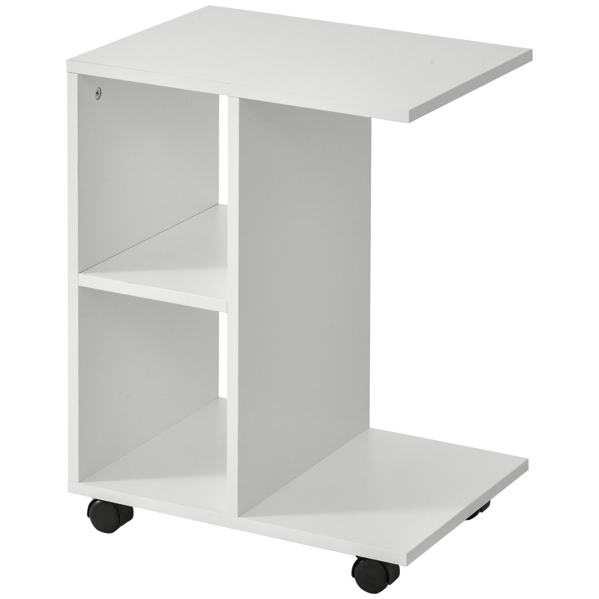 Table d'appoint moderne HOMCOM en forme de C avec roulettes et étagères ouvertes pour salon et chambre 45x35x58 cm Blanche